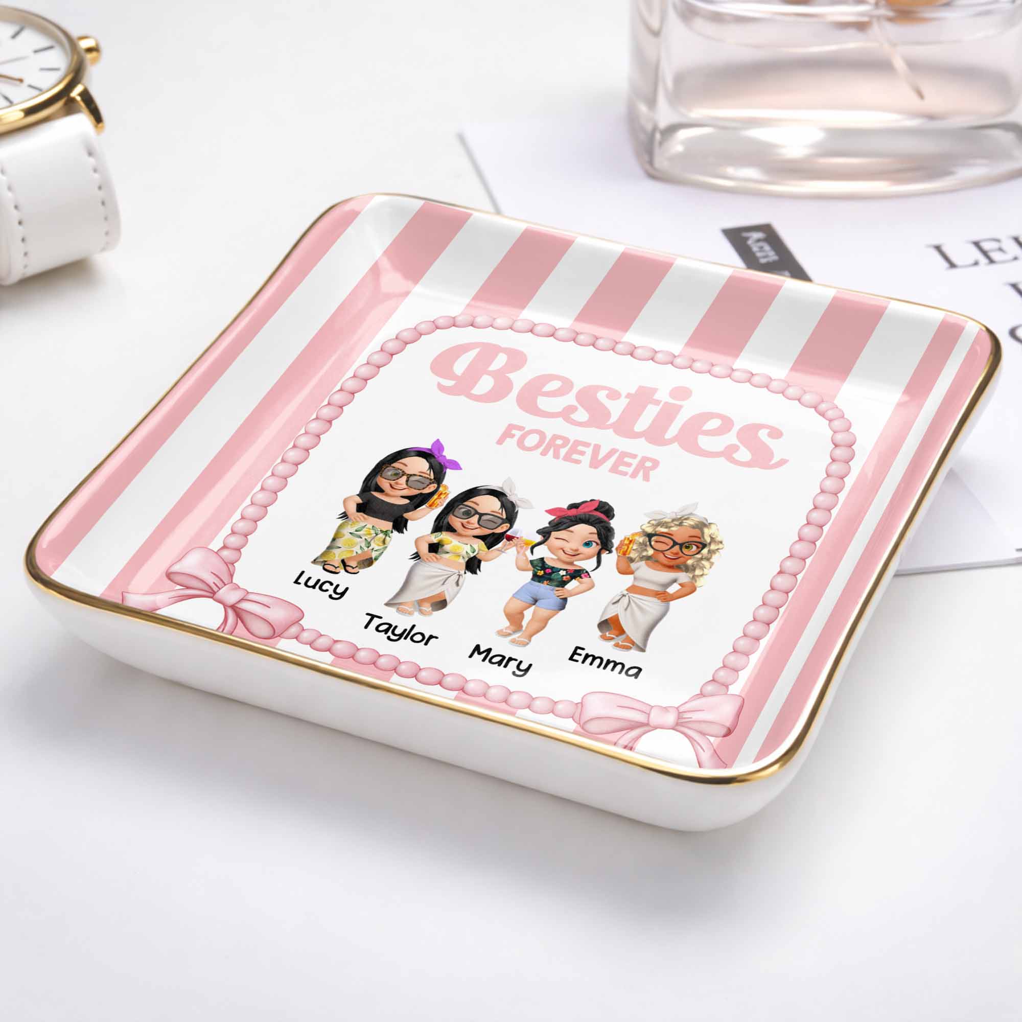 Besties Forever Cartoon-style Characters Jewelry Dish - Personalized Custom Jewelry Dish, Ceramic Dish, Square Shape - BST502_SCRF