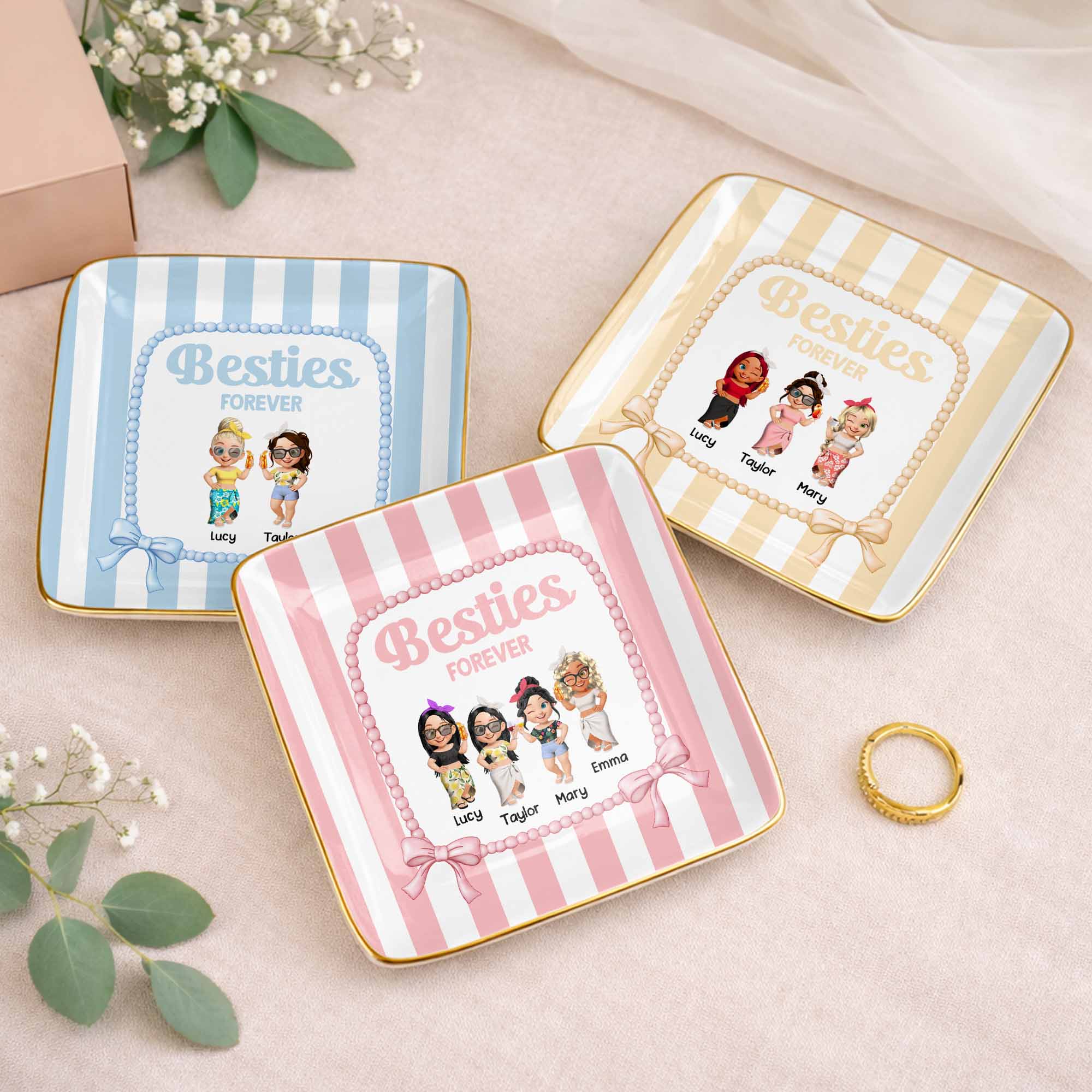 Besties Forever Cartoon-style Characters Jewelry Dish - Personalized Custom Jewelry Dish, Ceramic Dish, Square Shape - BST502_SCRF
