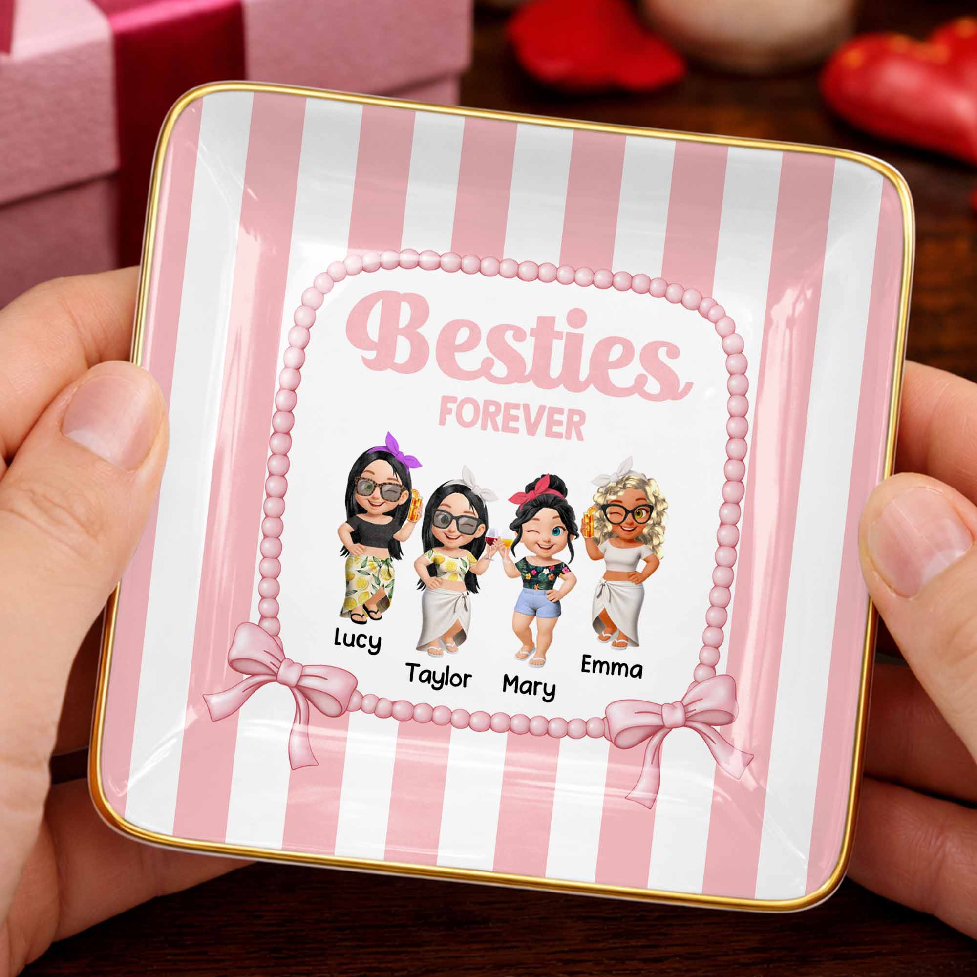 Besties Forever Cartoon-style Characters Jewelry Dish - Personalized Custom Jewelry Dish, Ceramic Dish, Square Shape - BST502_SCRF