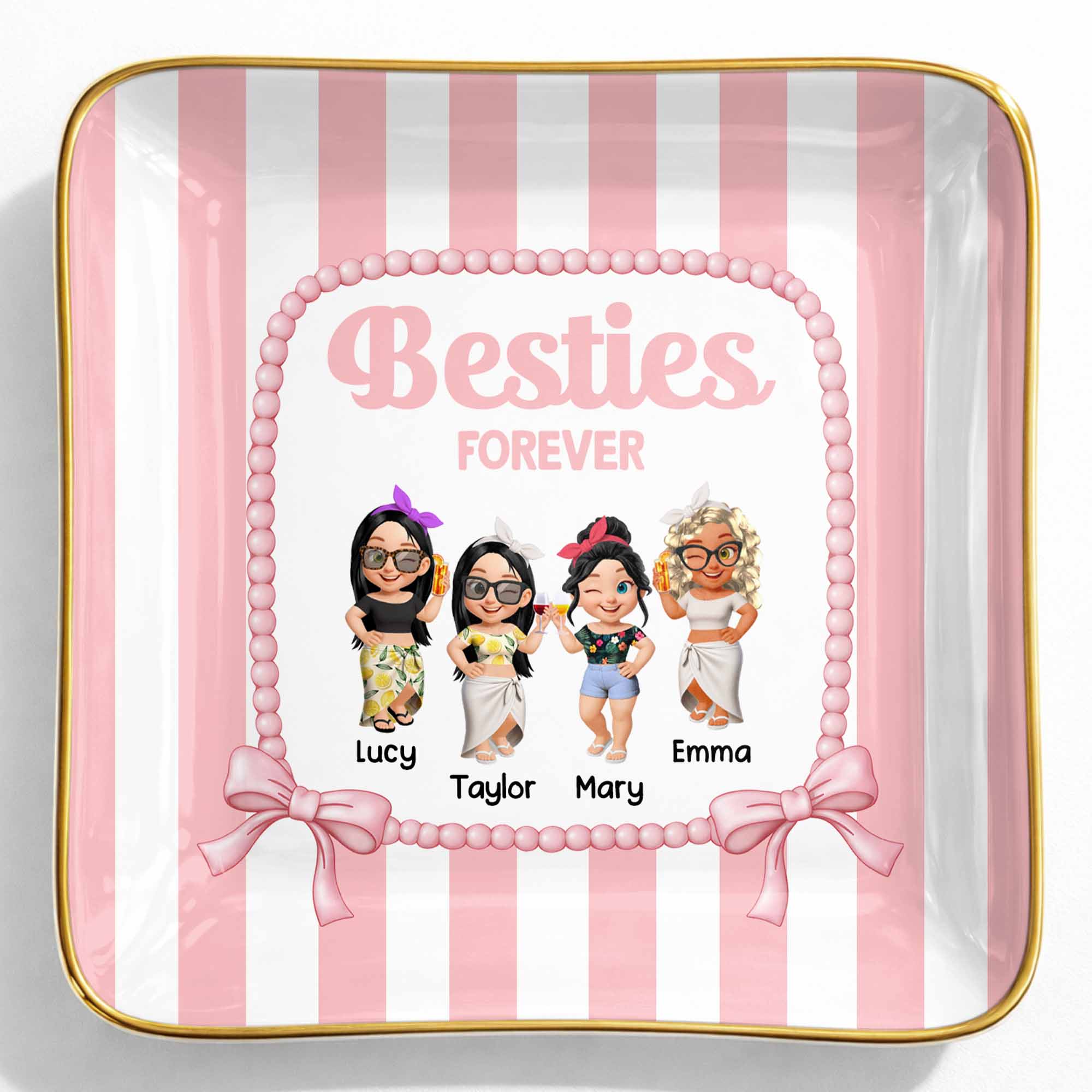 Besties Forever Cartoon-style Characters Jewelry Dish - Personalized Custom Jewelry Dish, Ceramic Dish, Square Shape - BST502_SCRF