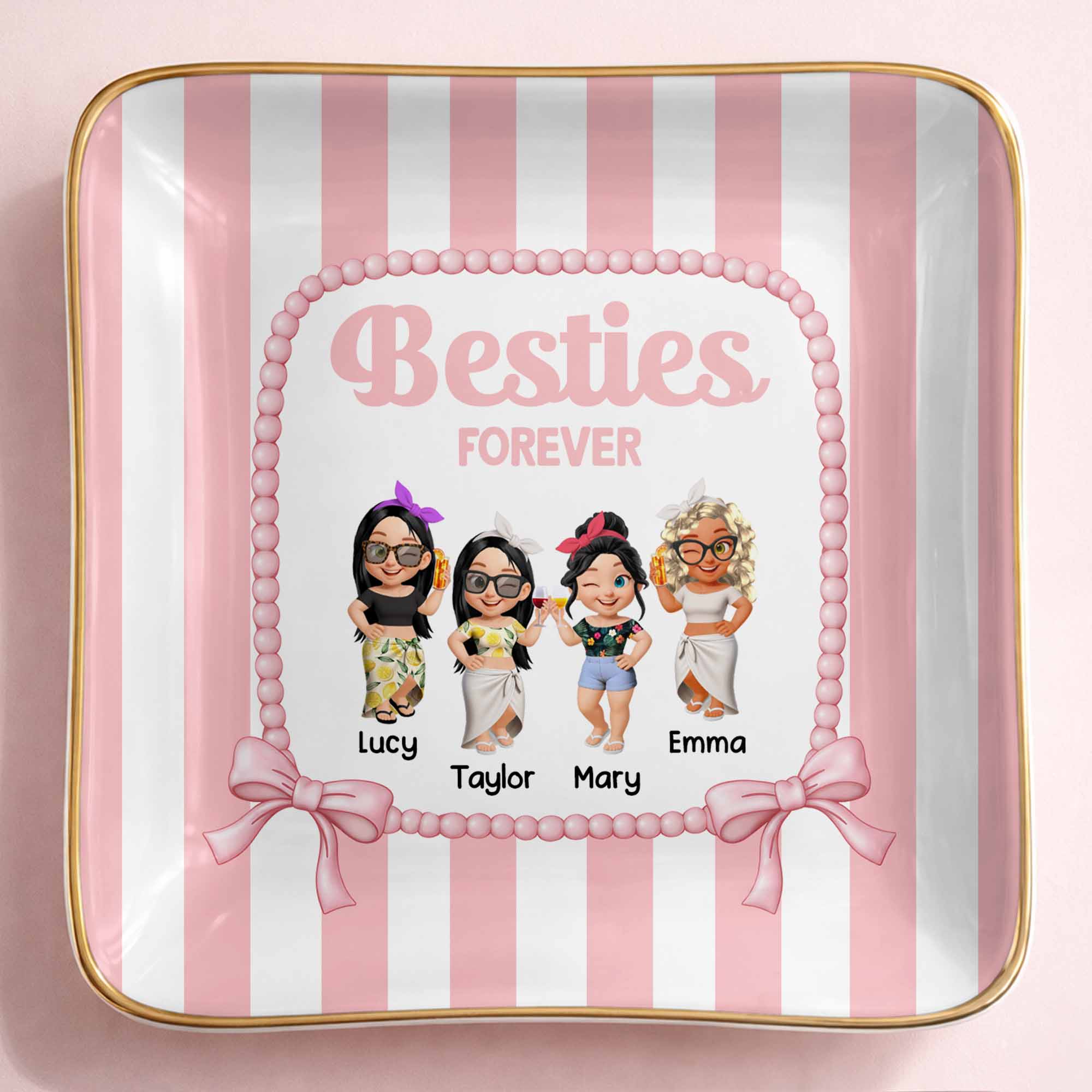 Besties Forever Cartoon-style Characters Jewelry Dish - Personalized Custom Jewelry Dish, Ceramic Dish, Square Shape - BST502_SCRF