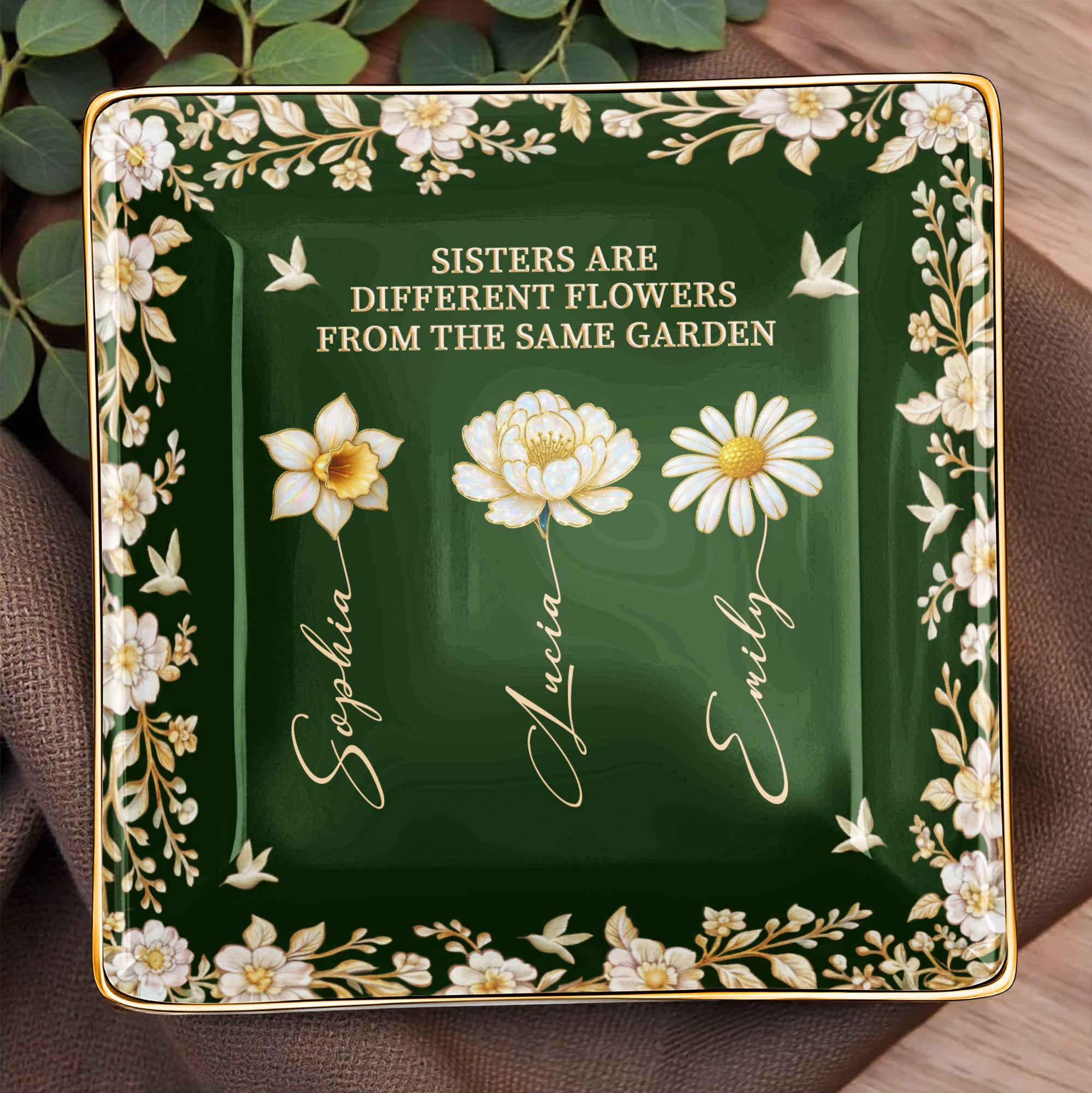 Sisters Different Flowers Same Garden - Personalized Custom Jewelry Dish, Ceramic Dish, Square Shape - BST508_SCRF