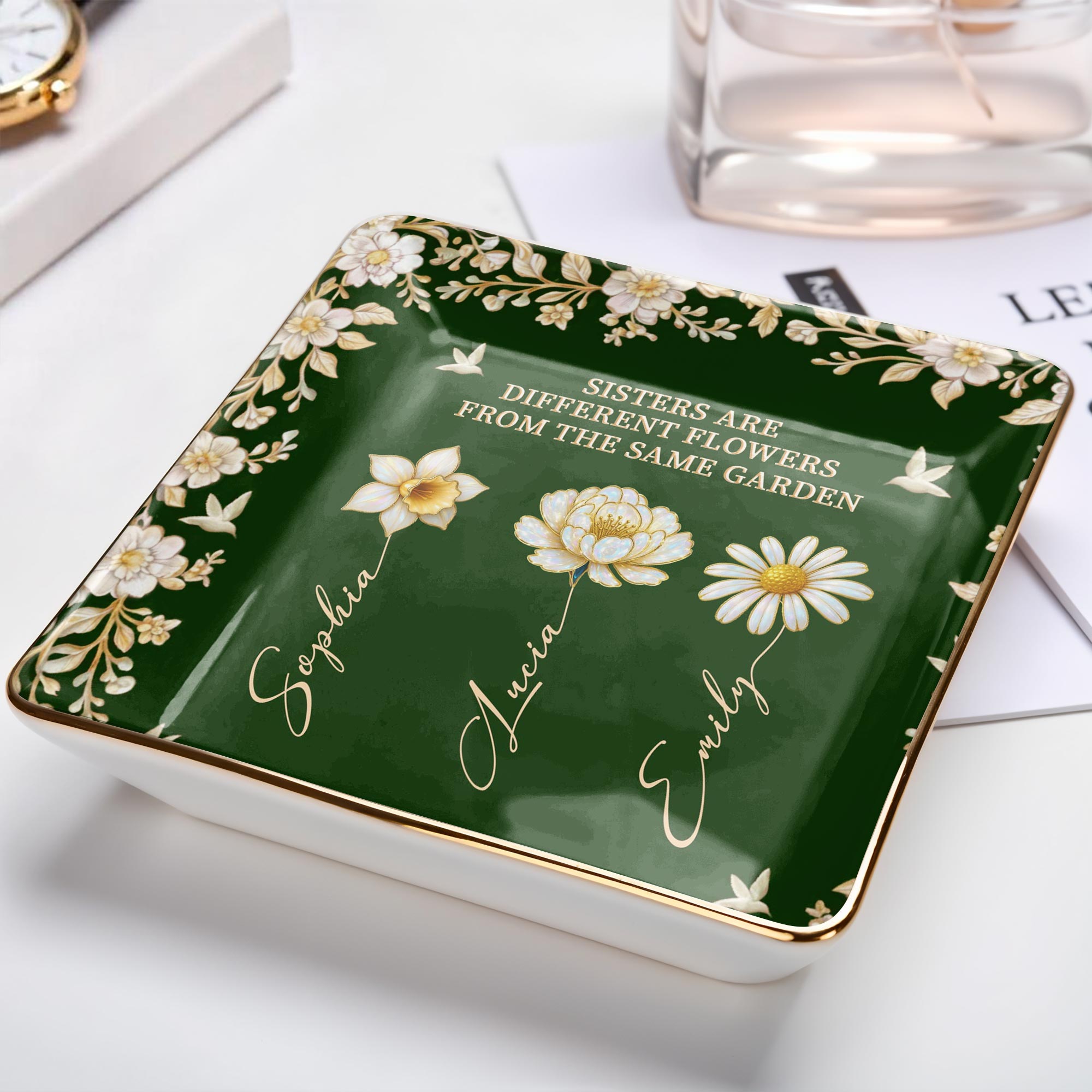 Sisters Different Flowers Same Garden - Personalized Custom Jewelry Dish, Ceramic Dish, Square Shape - BST508_SCRF