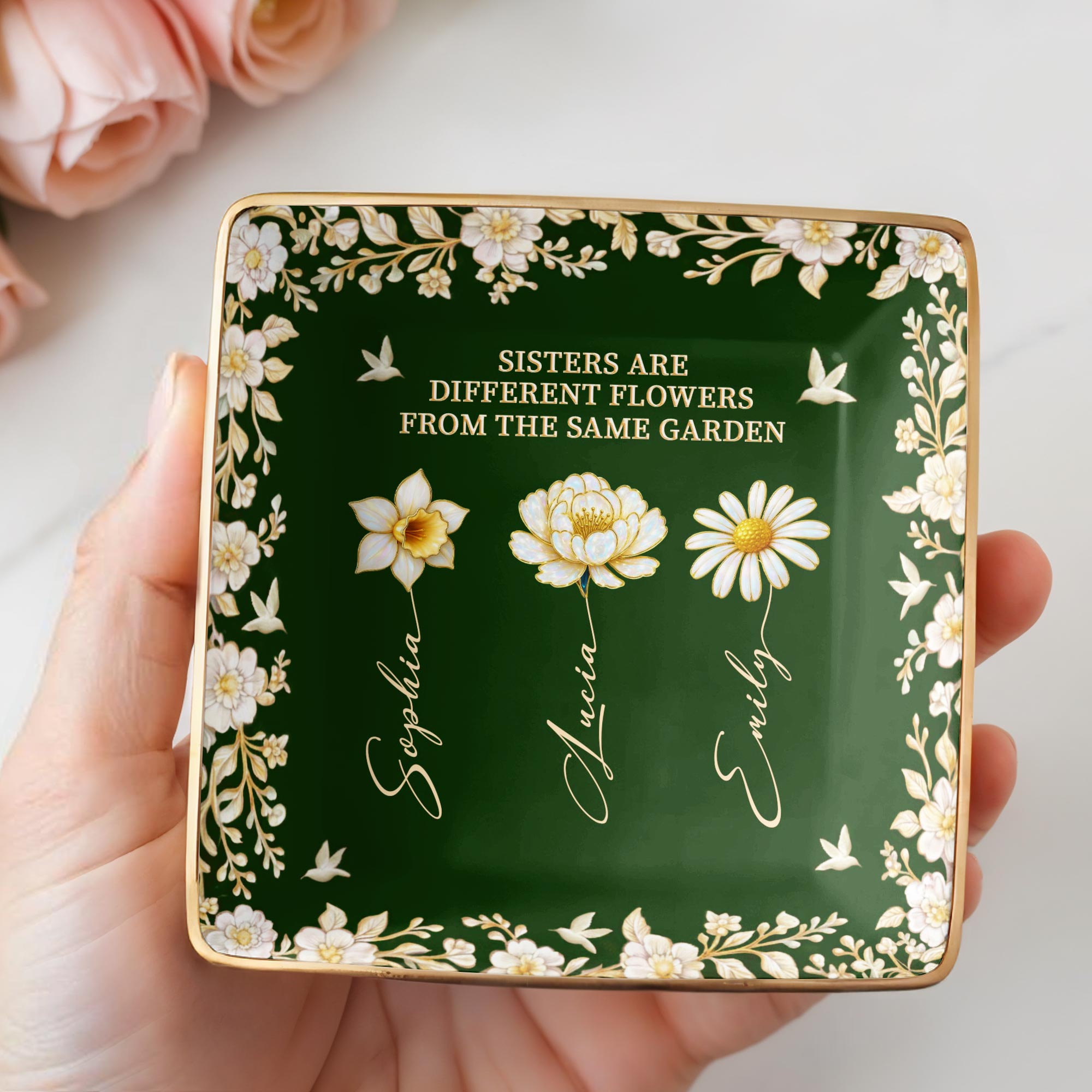 Sisters Different Flowers Same Garden - Personalized Custom Jewelry Dish, Ceramic Dish, Square Shape - BST508_SCRF