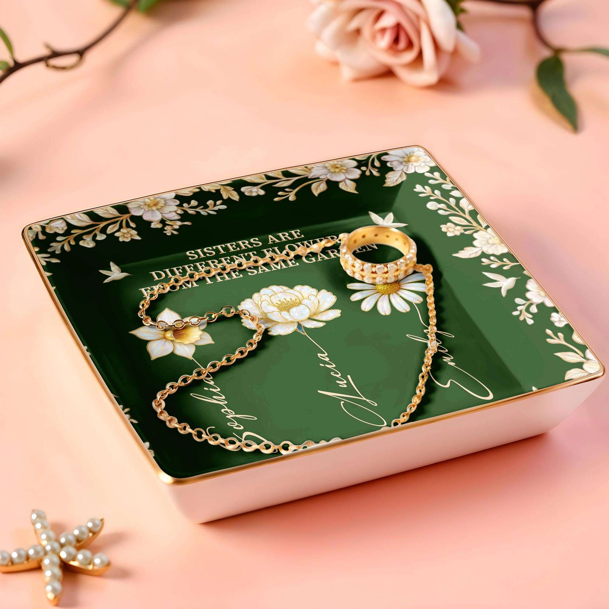 Sisters Different Flowers Same Garden - Personalized Custom Jewelry Dish, Ceramic Dish, Square Shape - BST508_SCRF