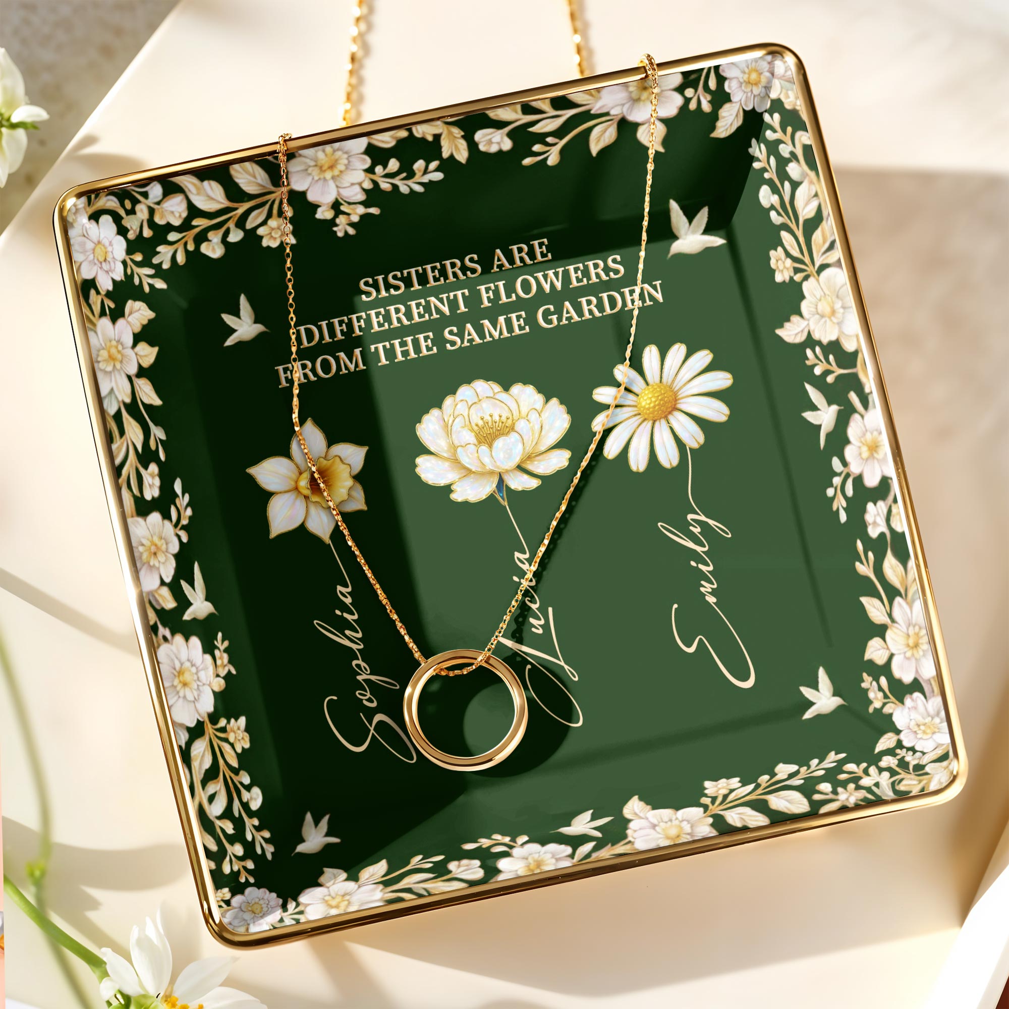 Sisters Different Flowers Same Garden - Personalized Custom Jewelry Dish, Ceramic Dish, Square Shape - BST508_SCRF