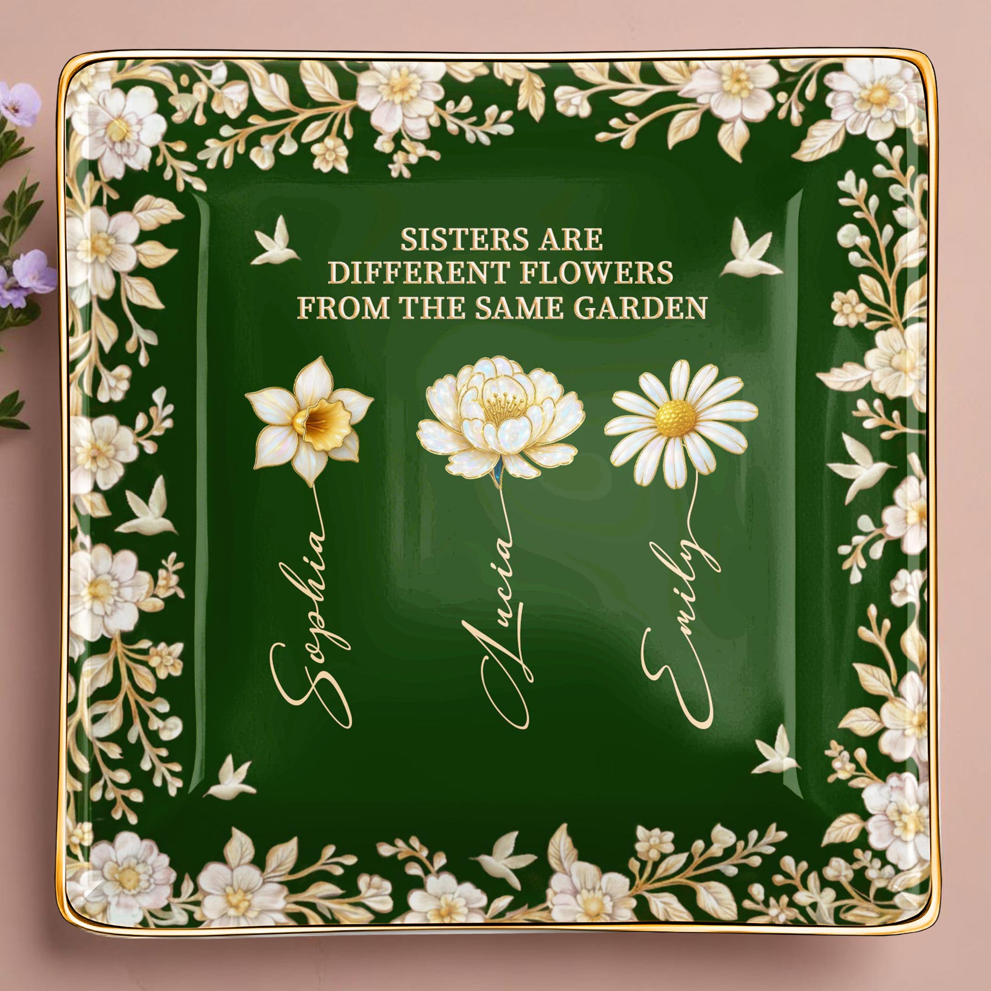 Sisters Different Flowers Same Garden - Personalized Custom Jewelry Dish, Ceramic Dish, Square Shape - BST508_SCRF