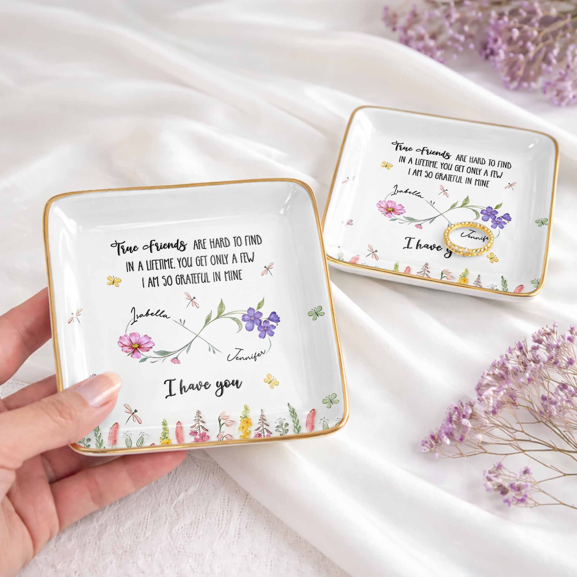 True Friends Are Hard To Find With Flowers And Butterflies - Personalized Custom Jewelry Dish, Ceramic Dish, Square Shape - BST509_SCRF
