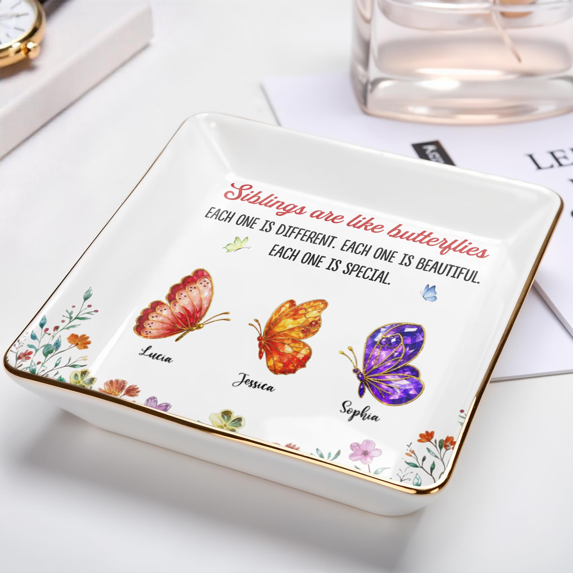 Siblings Are Like Butterflies Beautiful And Special Colorful Butterfly Floral - Personalized Custom Jewelry Dish, Ceramic Dish, Square Shape - BST534_SCRF