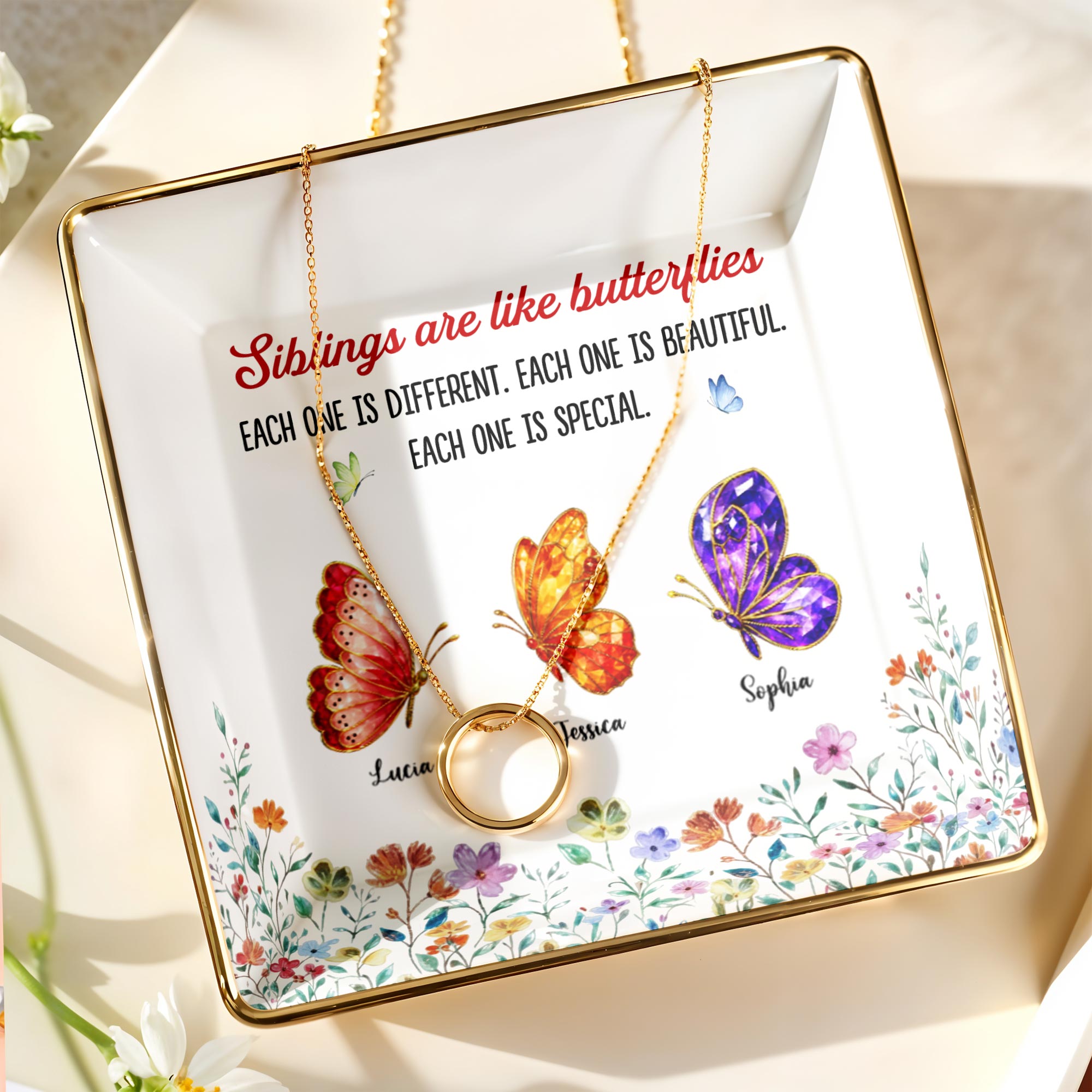 Siblings Are Like Butterflies Beautiful And Special Colorful Butterfly Floral - Personalized Custom Jewelry Dish, Ceramic Dish, Square Shape - BST534_SCRF