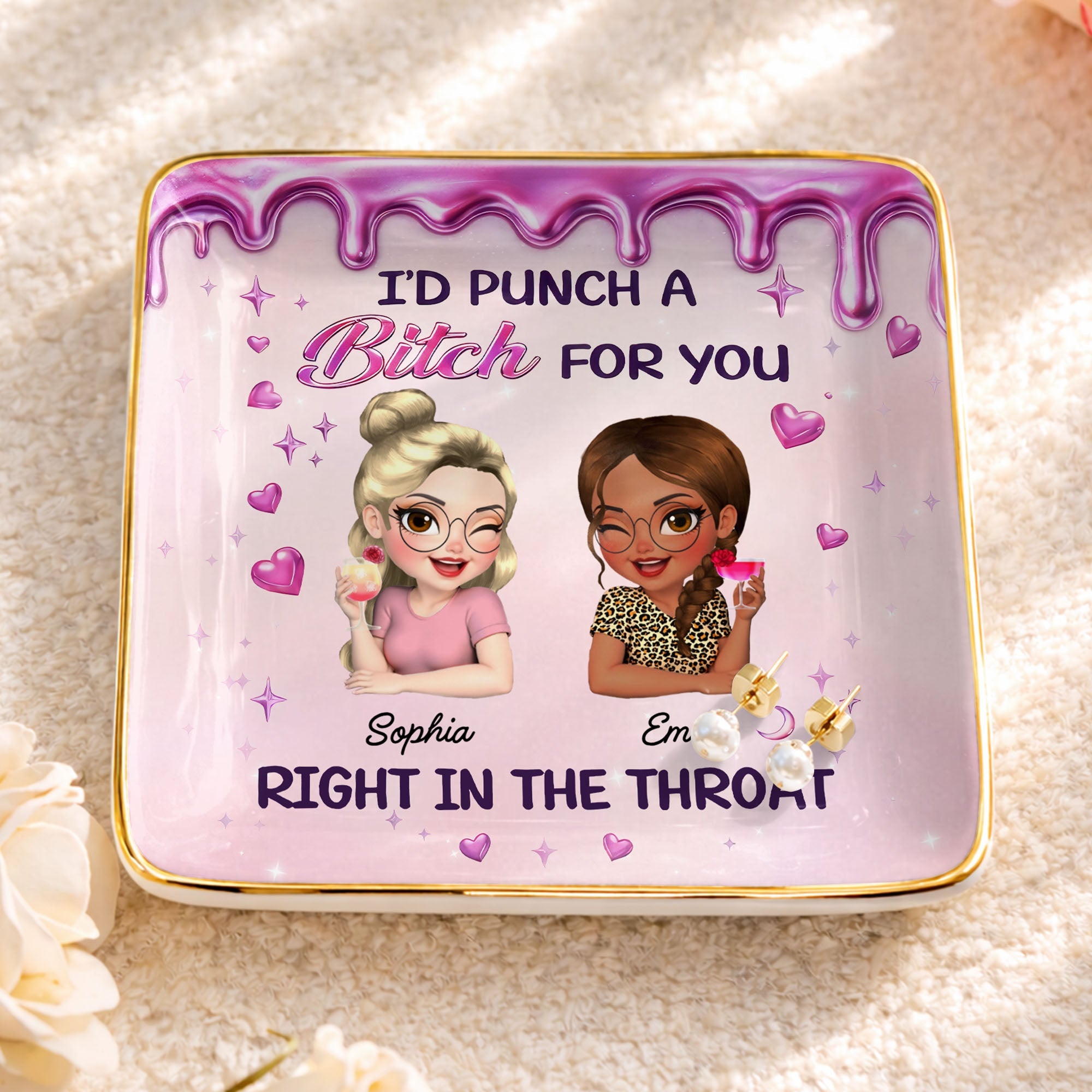 Id Punch A B*tch For You Girls Drinking Cocktails - Personalized Custom Jewelry Dish, Ceramic Dish, Square Shape - BST536_SCRF