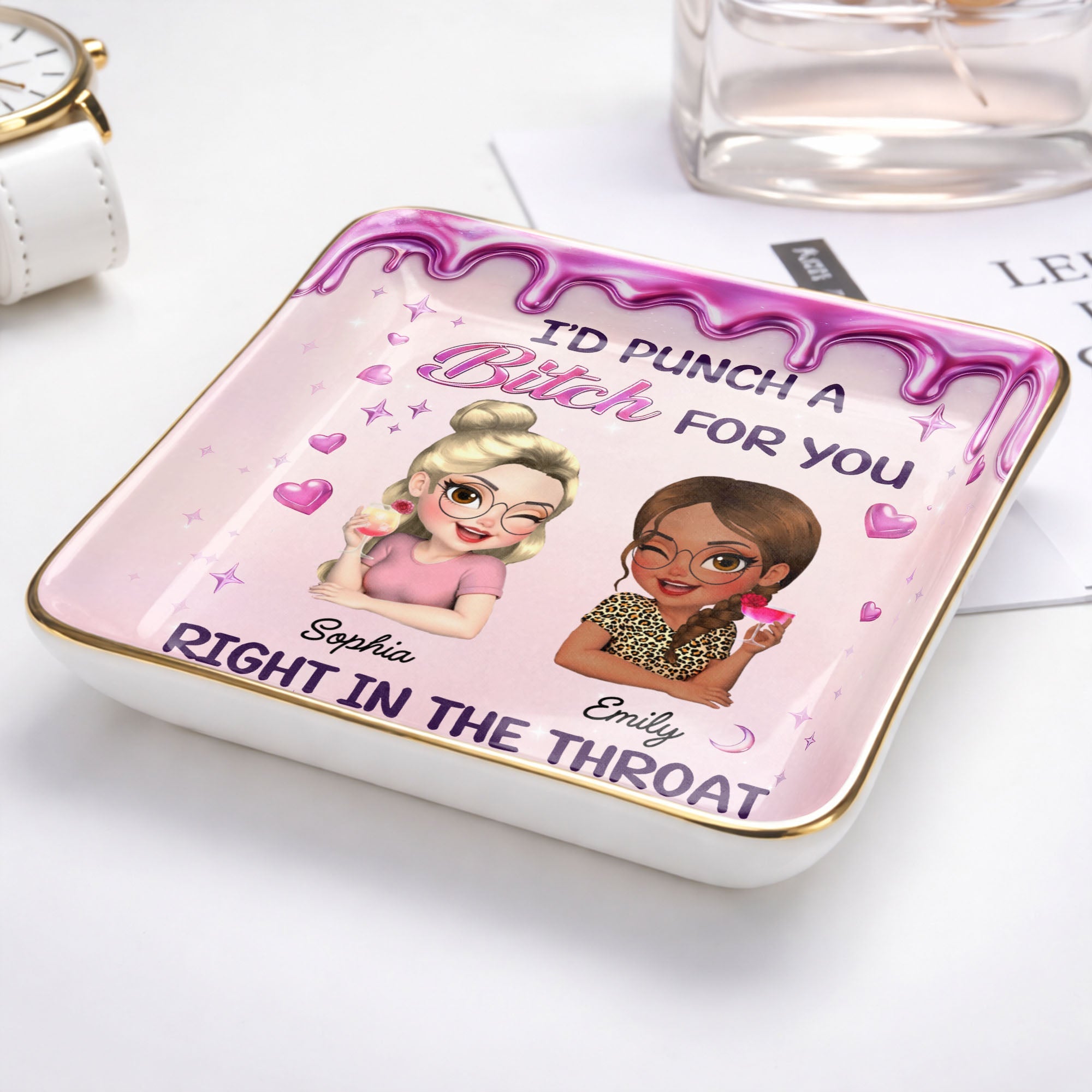 Id Punch A B*tch For You Girls Drinking Cocktails - Personalized Custom Jewelry Dish, Ceramic Dish, Square Shape - BST536_SCRF