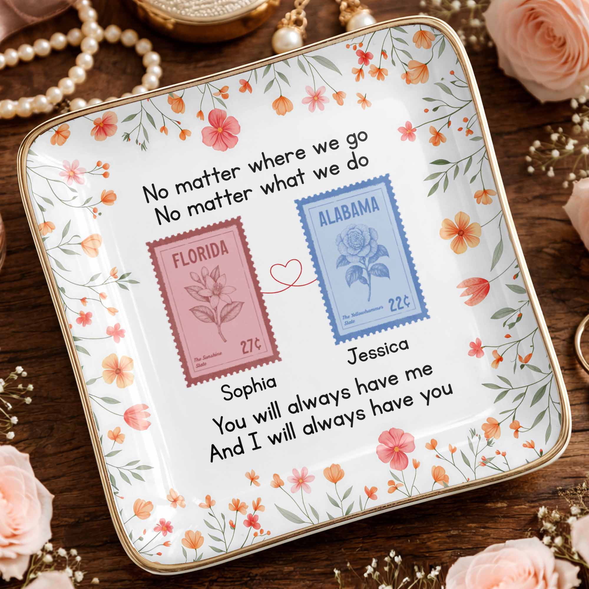 No Matter Where We Go Custom Postage Stamps And Flowers - Personalized Custom Jewelry Dish, Ceramic Dish, Square Shape - BST538_SCRF