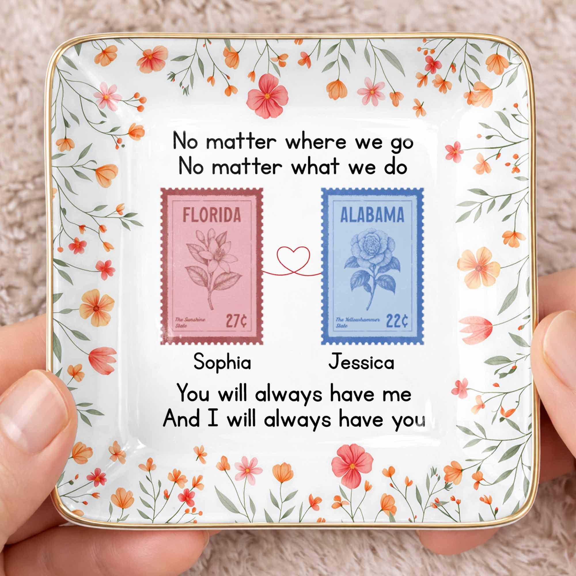 No Matter Where We Go Custom Postage Stamps And Flowers - Personalized Custom Jewelry Dish, Ceramic Dish, Square Shape - BST538_SCRF