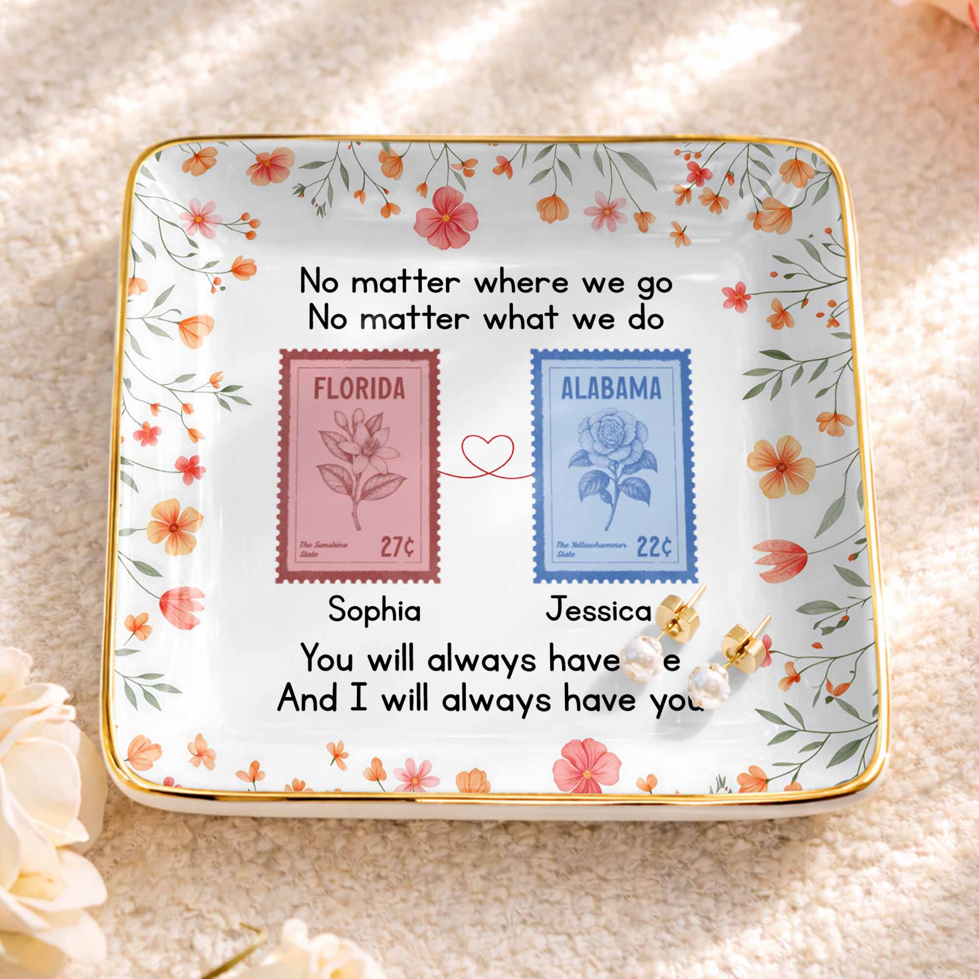 No Matter Where We Go Custom Postage Stamps And Flowers - Personalized Custom Jewelry Dish, Ceramic Dish, Square Shape - BST538_SCRF