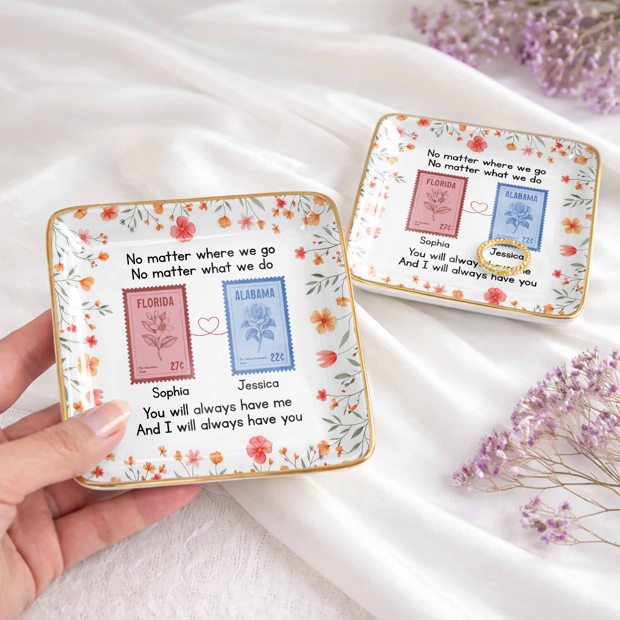 No Matter Where We Go Custom Postage Stamps And Flowers - Personalized Custom Jewelry Dish, Ceramic Dish, Square Shape - BST538_SCRF