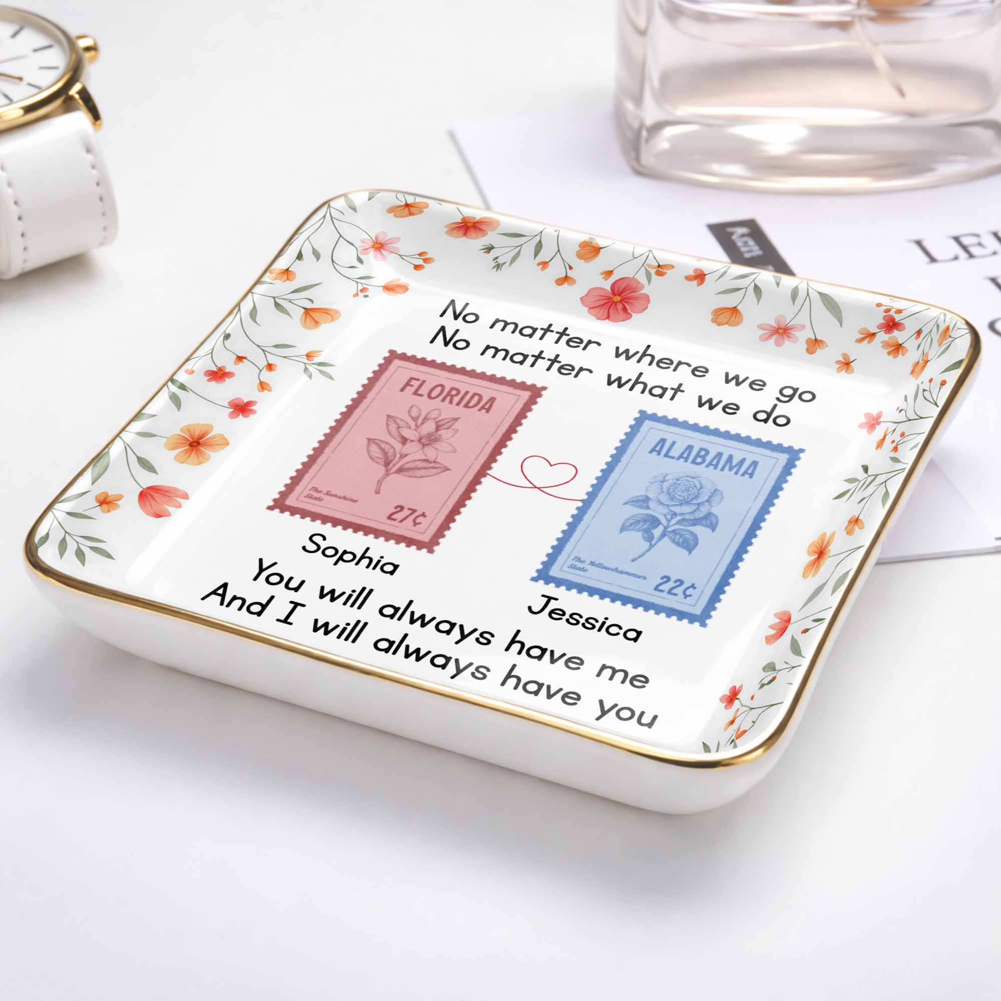 No Matter Where We Go Custom Postage Stamps And Flowers - Personalized Custom Jewelry Dish, Ceramic Dish, Square Shape - BST538_SCRF