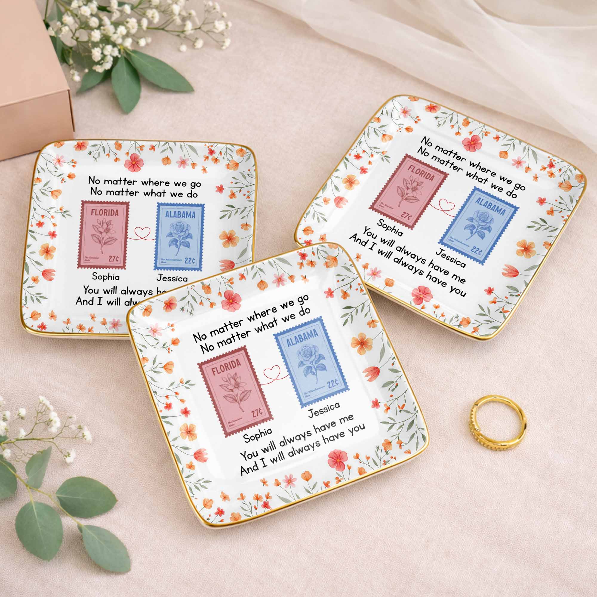 No Matter Where We Go Custom Postage Stamps And Flowers - Personalized Custom Jewelry Dish, Ceramic Dish, Square Shape - BST538_SCRF