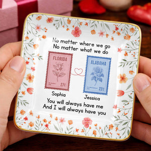 No Matter Where We Go Custom Postage Stamps And Flowers - Personalized Custom Jewelry Dish, Ceramic Dish, Square Shape - BST538_SCRF