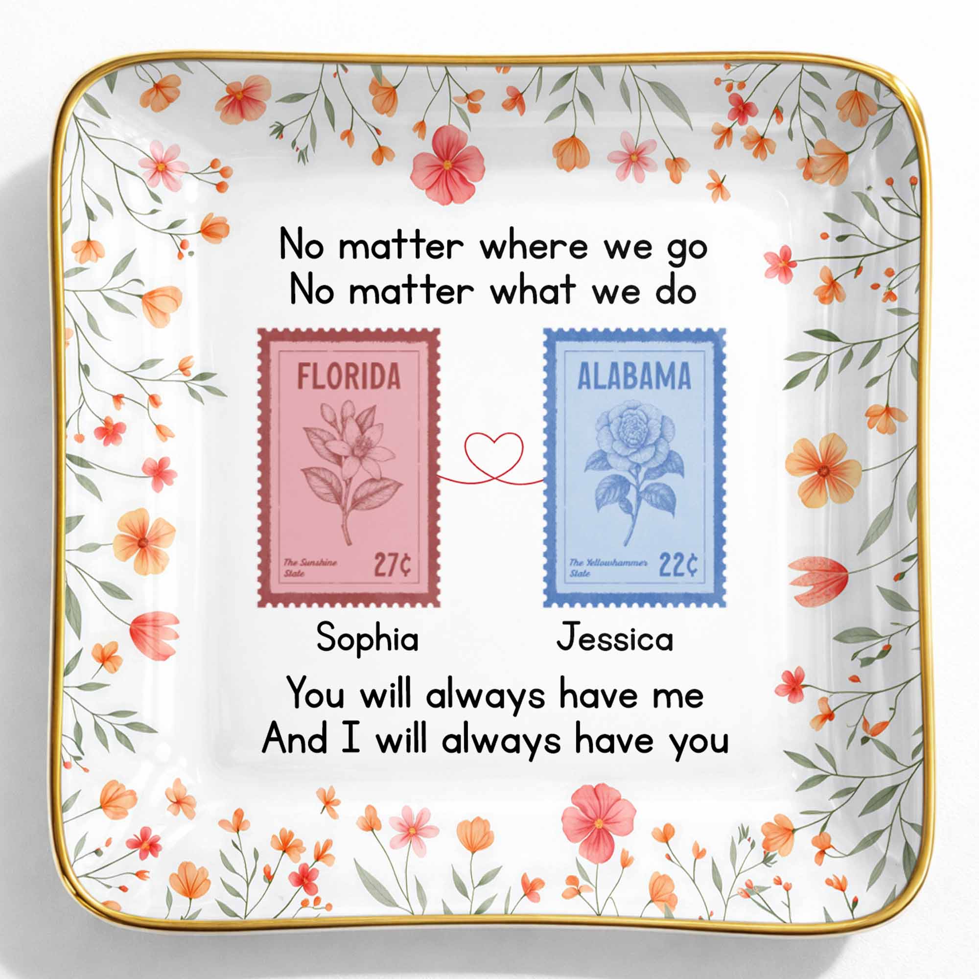 No Matter Where We Go Custom Postage Stamps And Flowers - Personalized Custom Jewelry Dish, Ceramic Dish, Square Shape - BST538_SCRF