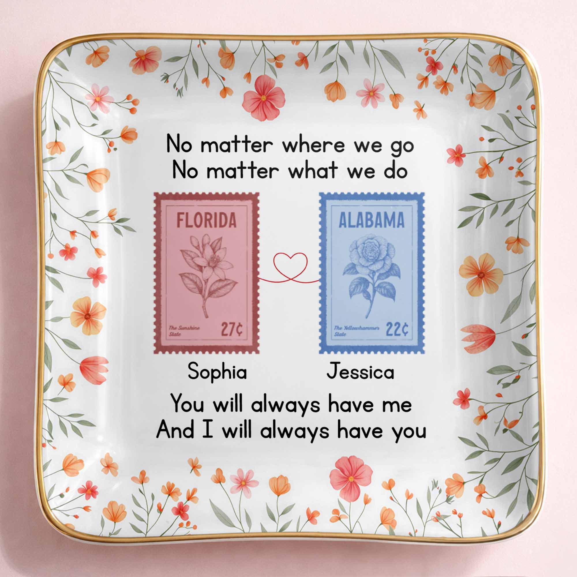 No Matter Where We Go Custom Postage Stamps And Flowers - Personalized Custom Jewelry Dish, Ceramic Dish, Square Shape - BST538_SCRF