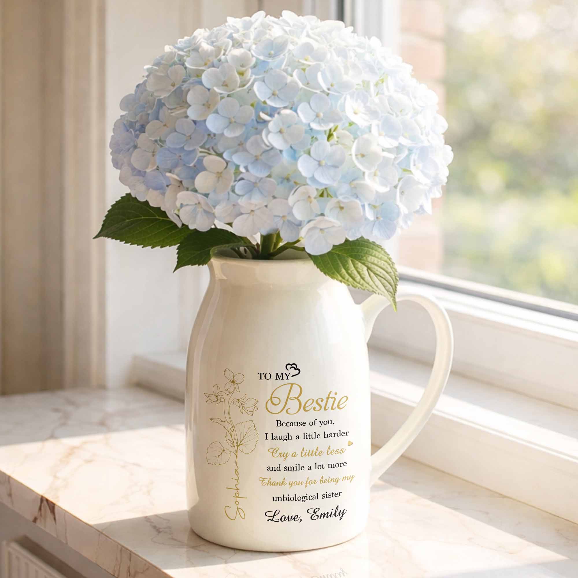 To My Bestie Because Of You Flower Birth Month Flower - Personalized Ceramic Flower Vase