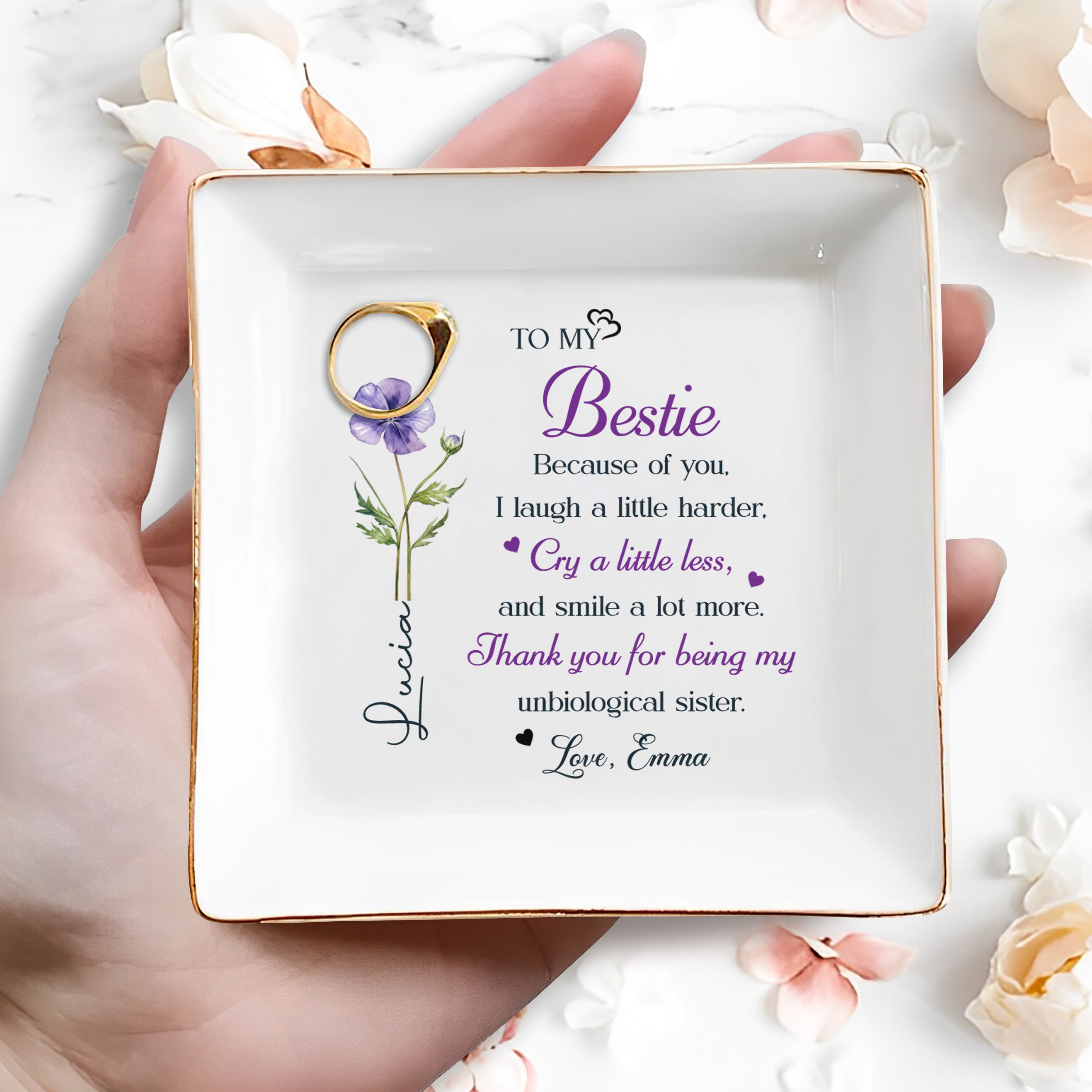 To My Bestie Because Of You Flower Ceramic Jewelry Dish - Personalized Custom Jewelry Dish, Square Ceramic Dish - BST567_SCRD