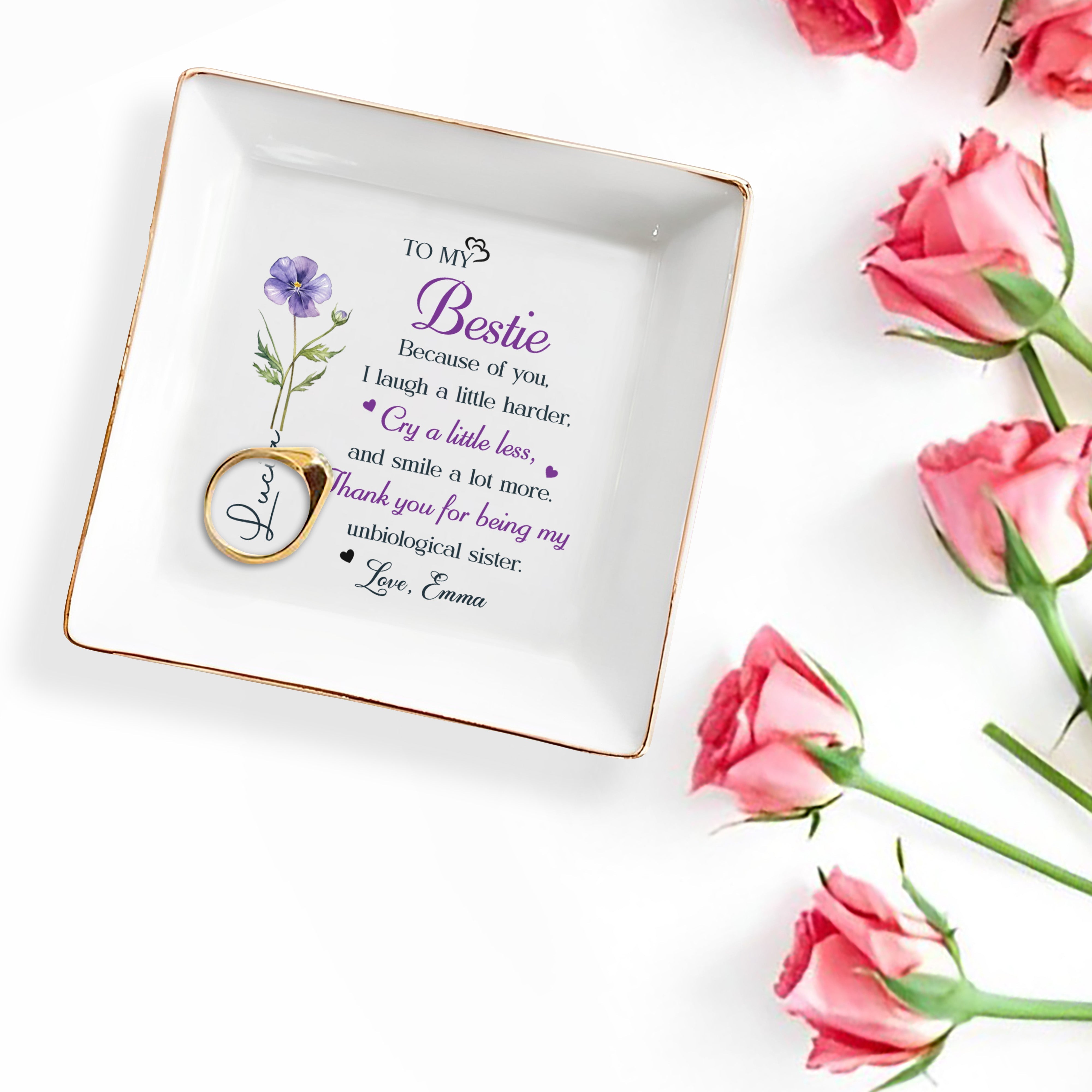 To My Bestie Because Of You Flower Ceramic Jewelry Dish - Personalized Custom Jewelry Dish, Square Ceramic Dish - BST567_SCRD