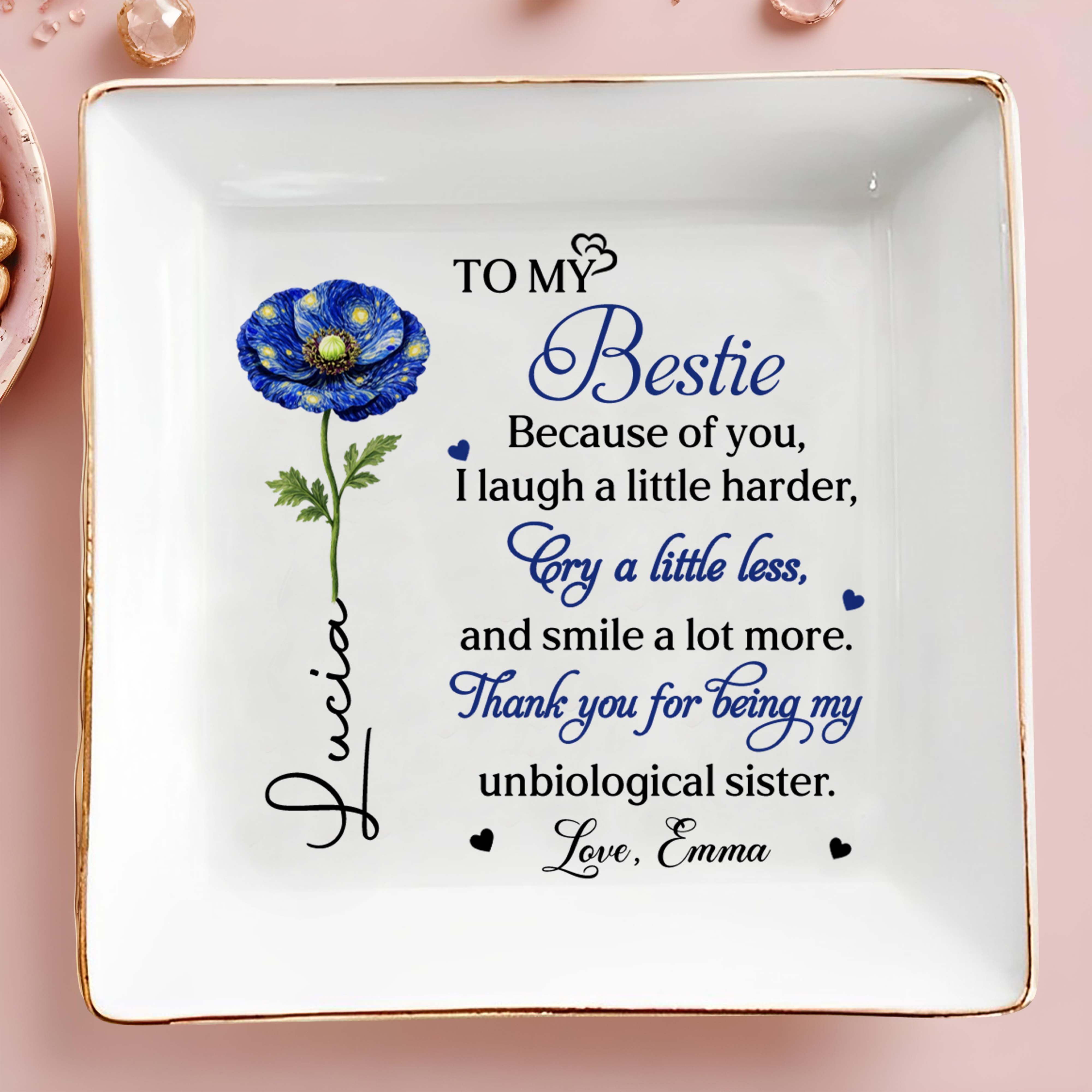 To My Bestie Unbiological Sister Birth Month Flower Jewelry Holder - Personalized Custom Jewelry Dish, Square Ceramic Dish - BST569_SCRD