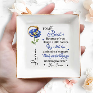 To My Bestie Unbiological Sister Birth Month Flower Jewelry Holder - Personalized Custom Jewelry Dish, Square Ceramic Dish - BST569_SCRD