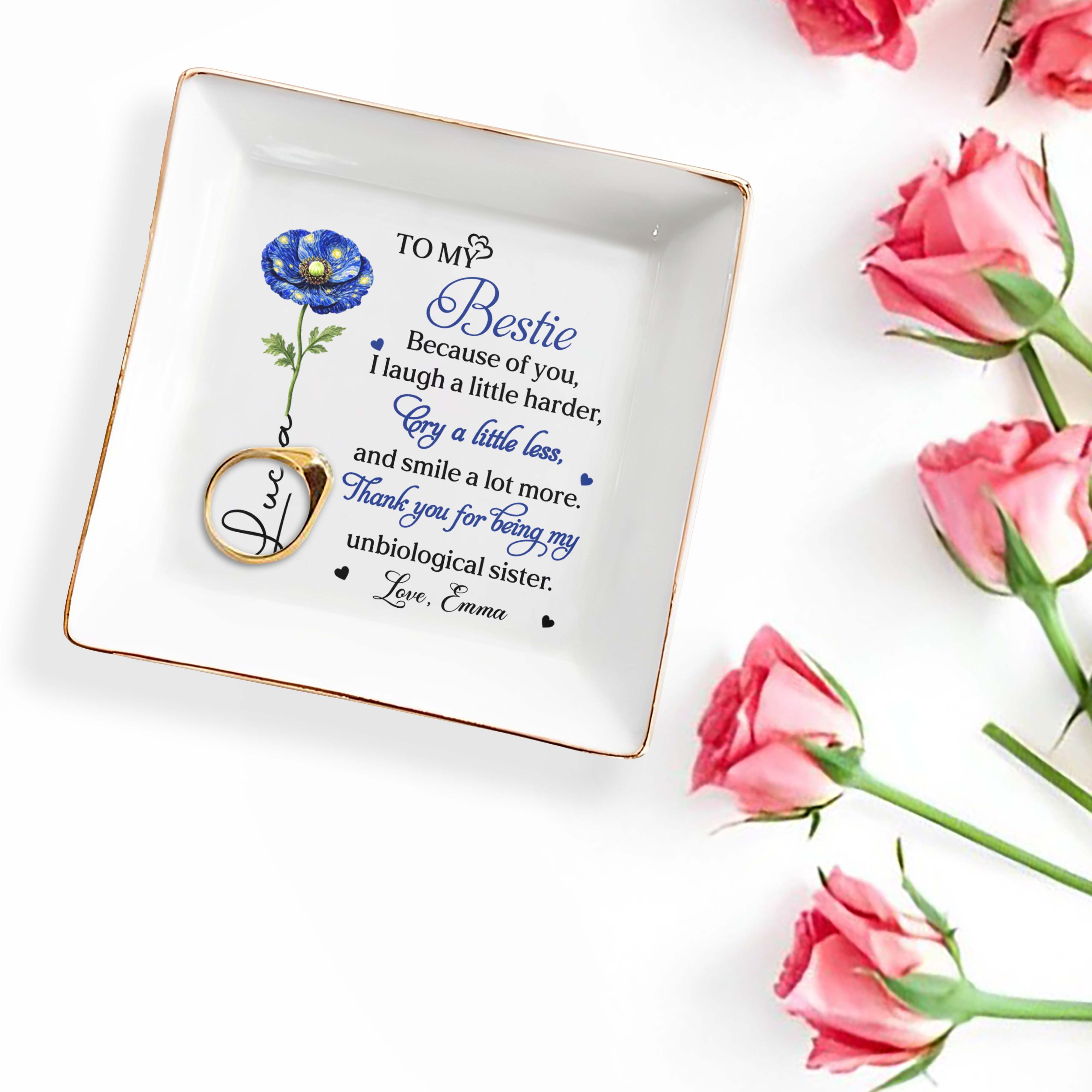 To My Bestie Unbiological Sister Birth Month Flower Jewelry Holder - Personalized Custom Jewelry Dish, Square Ceramic Dish - BST569_SCRD