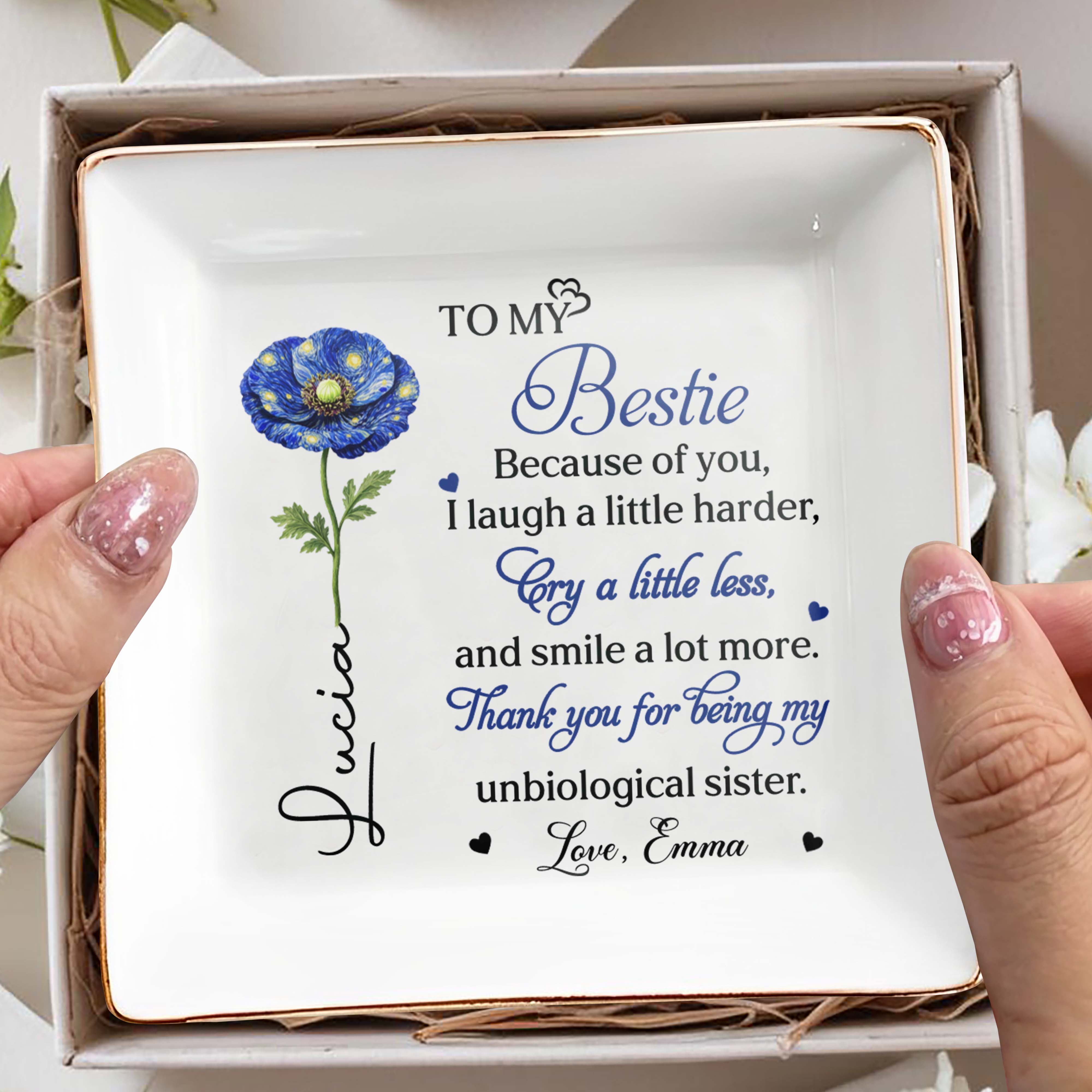 To My Bestie Unbiological Sister Birth Month Flower Jewelry Holder - Personalized Custom Jewelry Dish, Square Ceramic Dish - BST569_SCRD