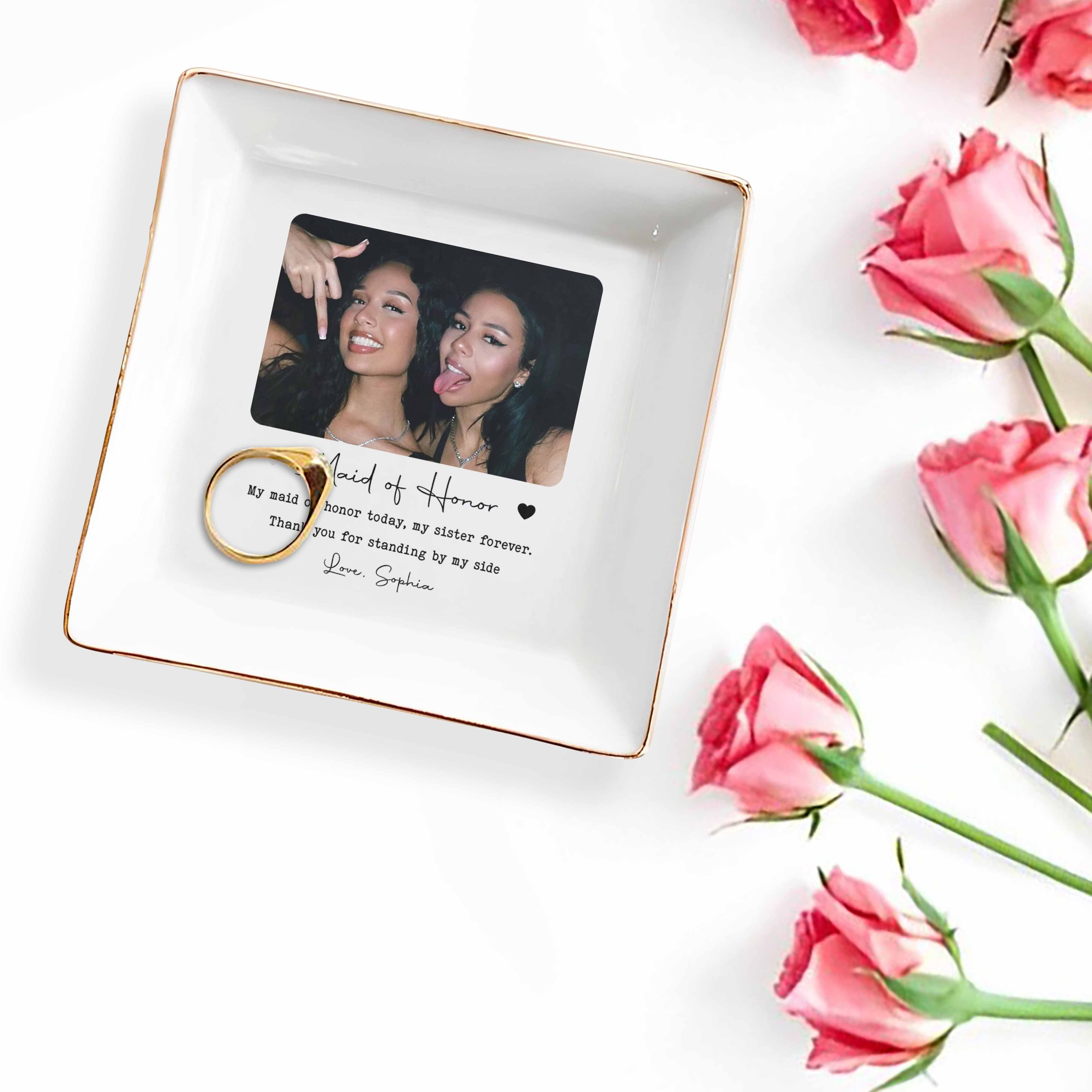 Maid Of Honor Today Sister Forever Custom Photo Hearts - Personalized Custom Jewelry Dish, Square Ceramic Dish - BST588_SCRD