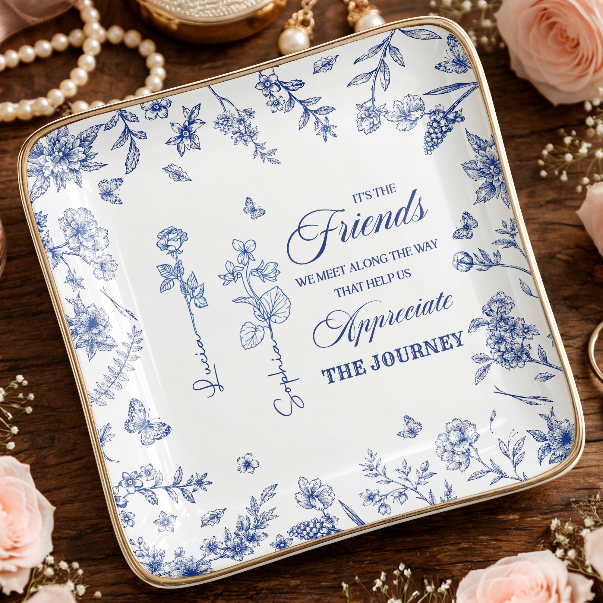 It's The Friends We Meet Along The Way Birth Month Flowers - Personalized Custom Jewelry Dish, Ceramic Dish, Square Shape - BST626_SCRF