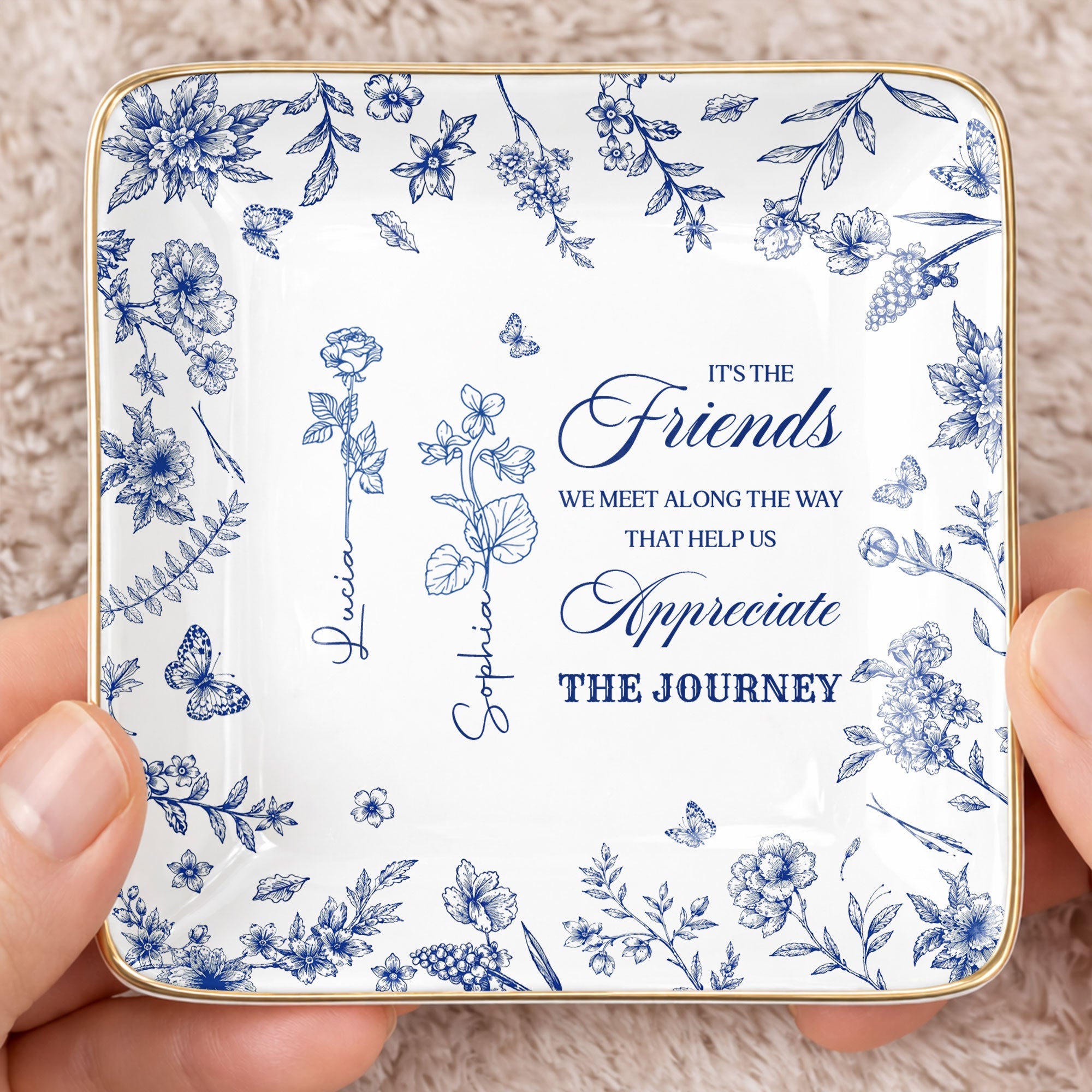 It's The Friends We Meet Along The Way Birth Month Flowers - Personalized Custom Jewelry Dish, Ceramic Dish, Square Shape - BST626_SCRF