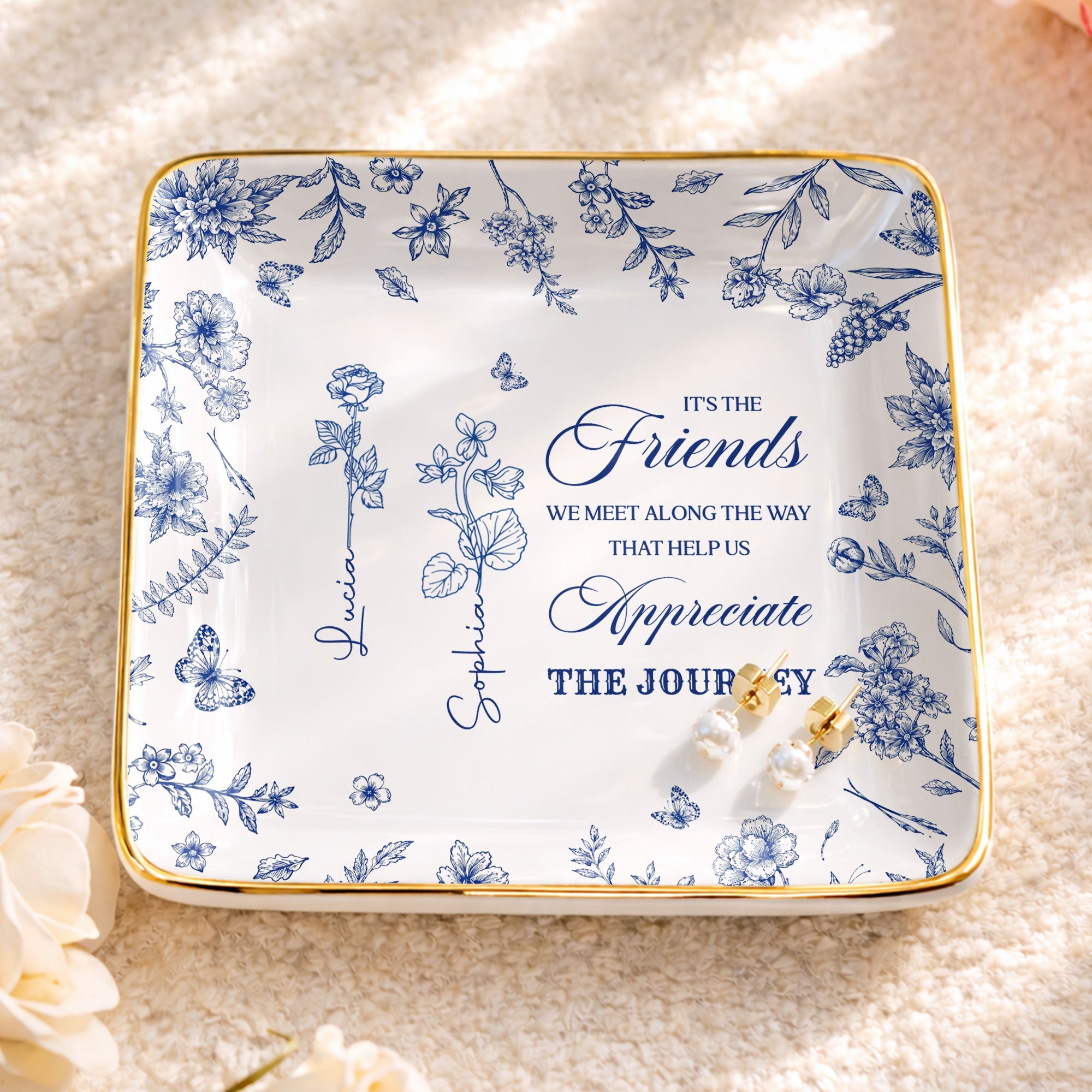 It's The Friends We Meet Along The Way Birth Month Flowers - Personalized Custom Jewelry Dish, Ceramic Dish, Square Shape - BST626_SCRF