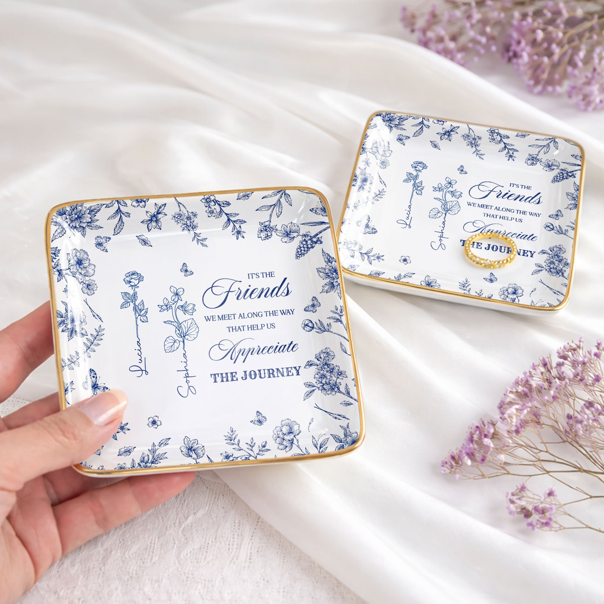 It's The Friends We Meet Along The Way Birth Month Flowers - Personalized Custom Jewelry Dish, Ceramic Dish, Square Shape - BST626_SCRF