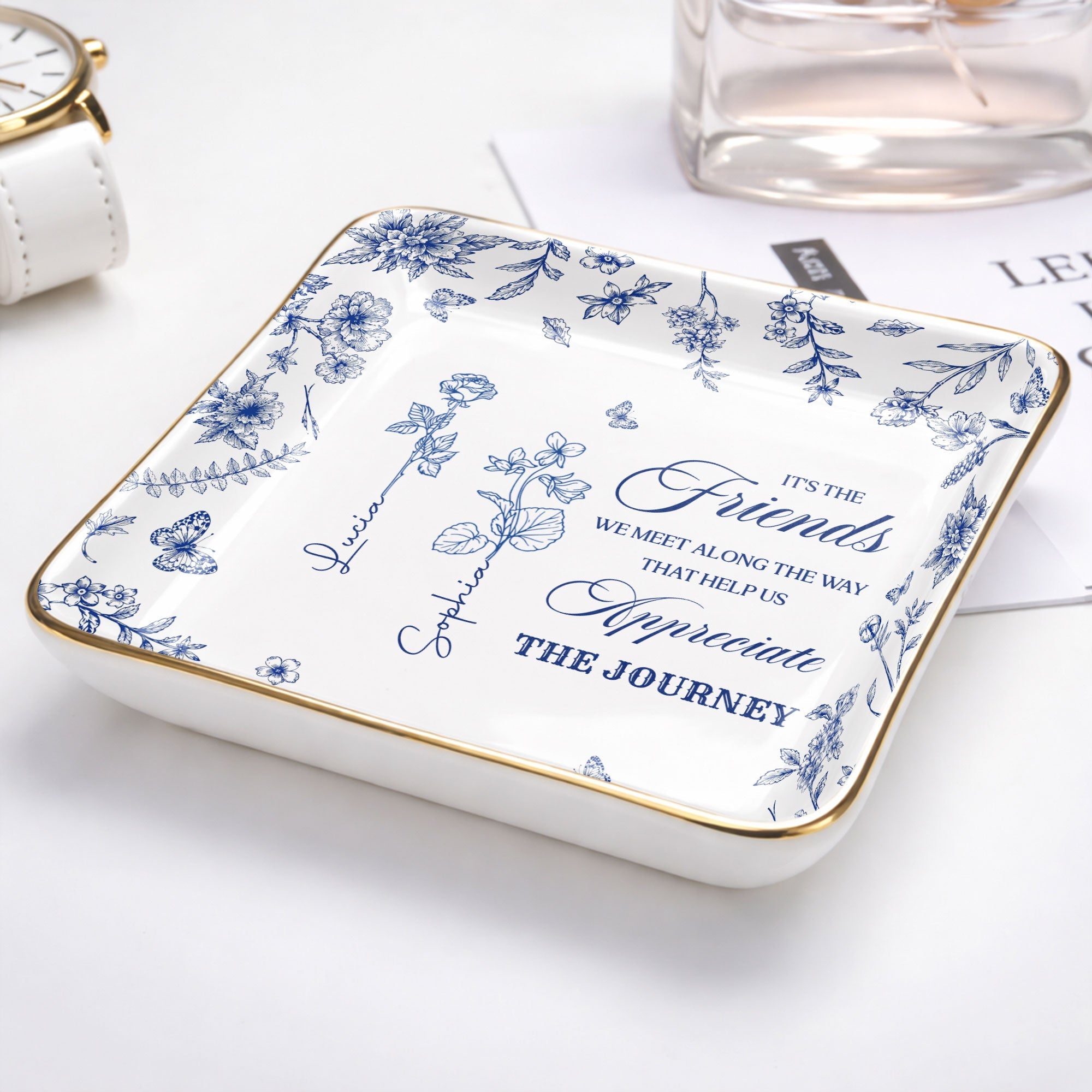 It's The Friends We Meet Along The Way Birth Month Flowers - Personalized Custom Jewelry Dish, Ceramic Dish, Square Shape - BST626_SCRF