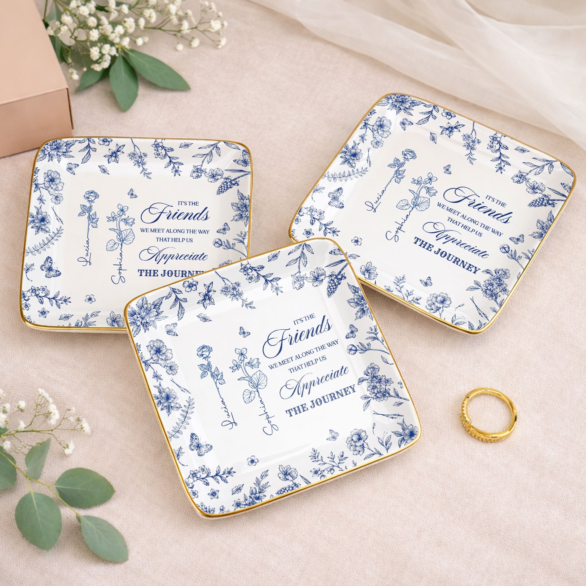It's The Friends We Meet Along The Way Birth Month Flowers - Personalized Custom Jewelry Dish, Ceramic Dish, Square Shape - BST626_SCRF