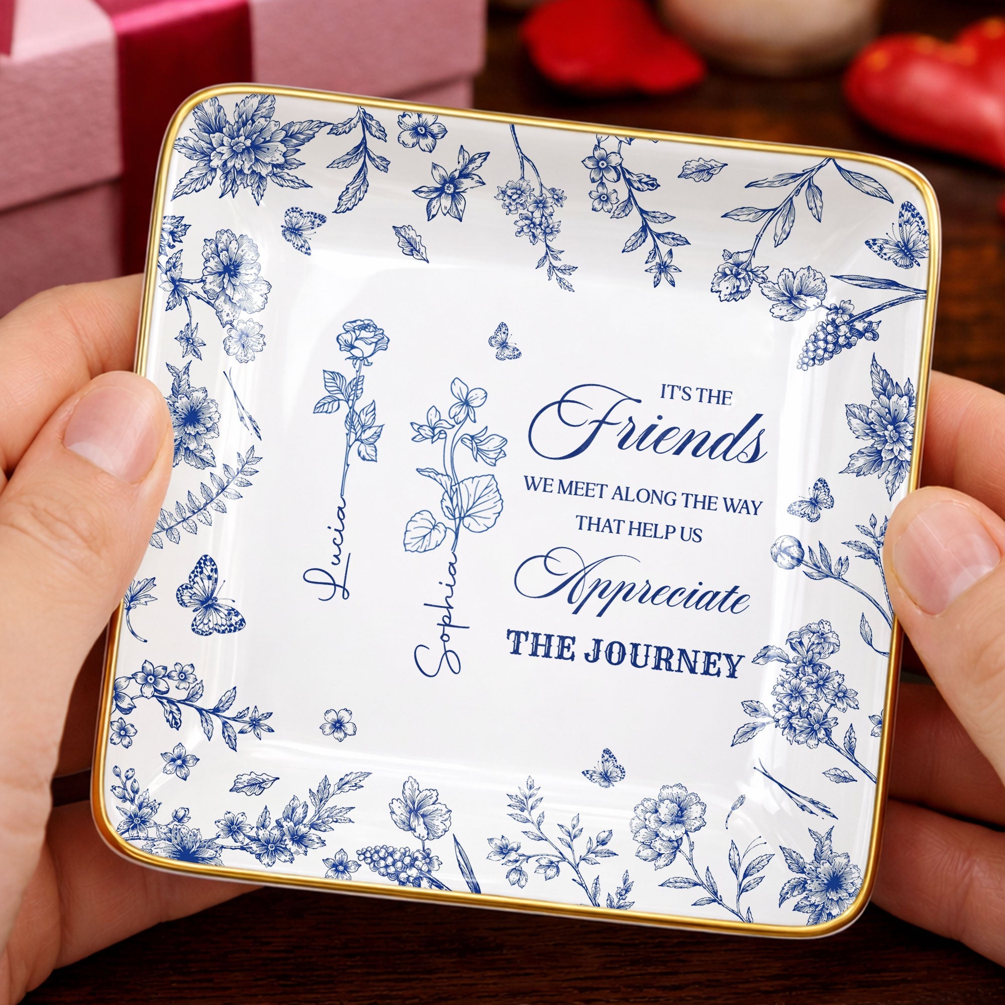 It's The Friends We Meet Along The Way Birth Month Flowers - Personalized Custom Jewelry Dish, Ceramic Dish, Square Shape - BST626_SCRF
