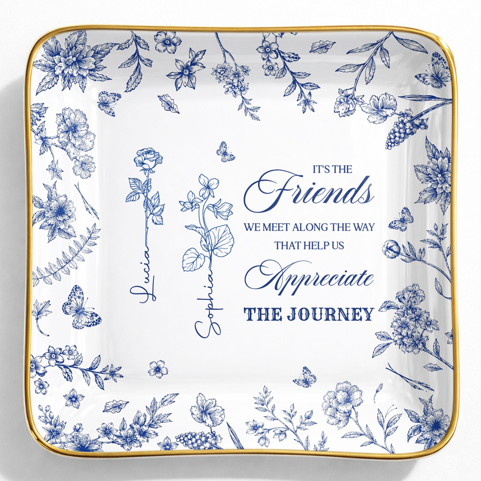 It's The Friends We Meet Along The Way Birth Month Flowers - Personalized Custom Jewelry Dish, Ceramic Dish, Square Shape - BST626_SCRF