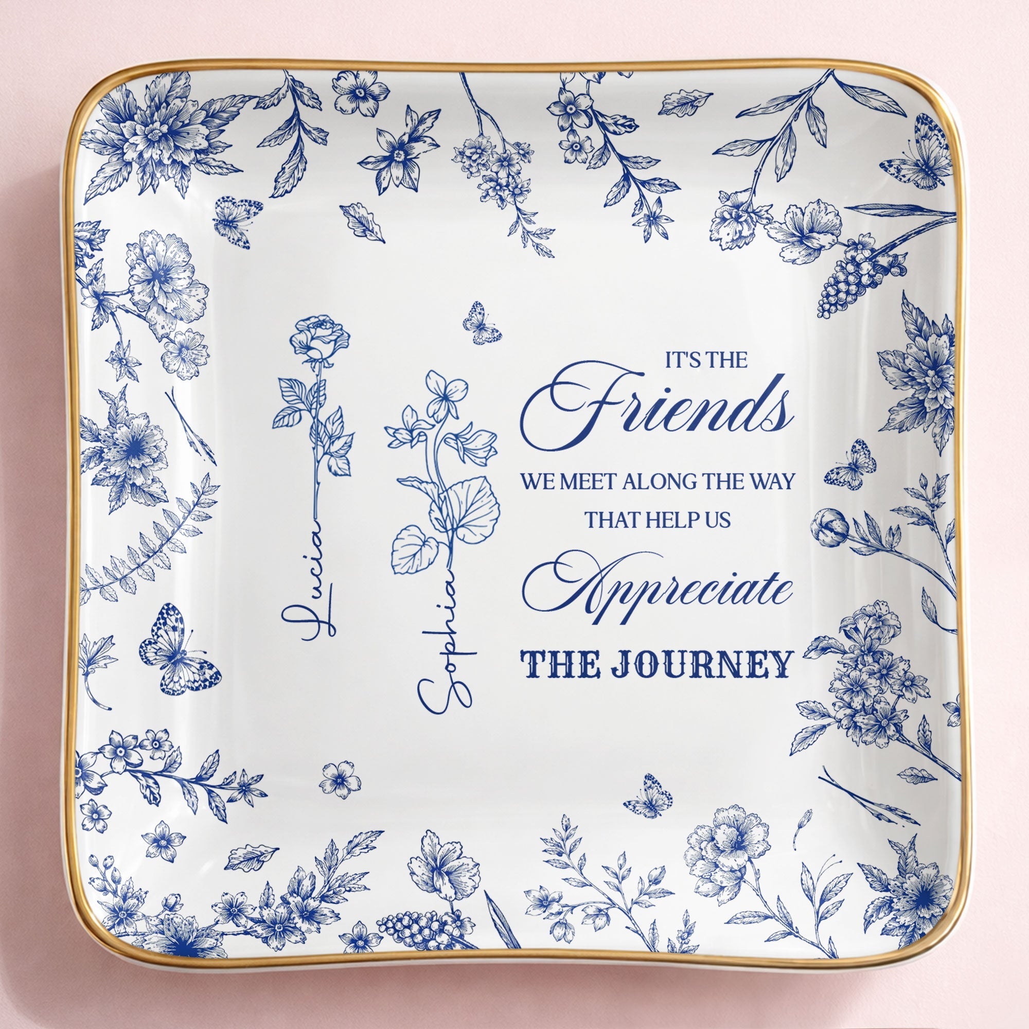 It's The Friends We Meet Along The Way Birth Month Flowers - Personalized Custom Jewelry Dish, Ceramic Dish, Square Shape - BST626_SCRF