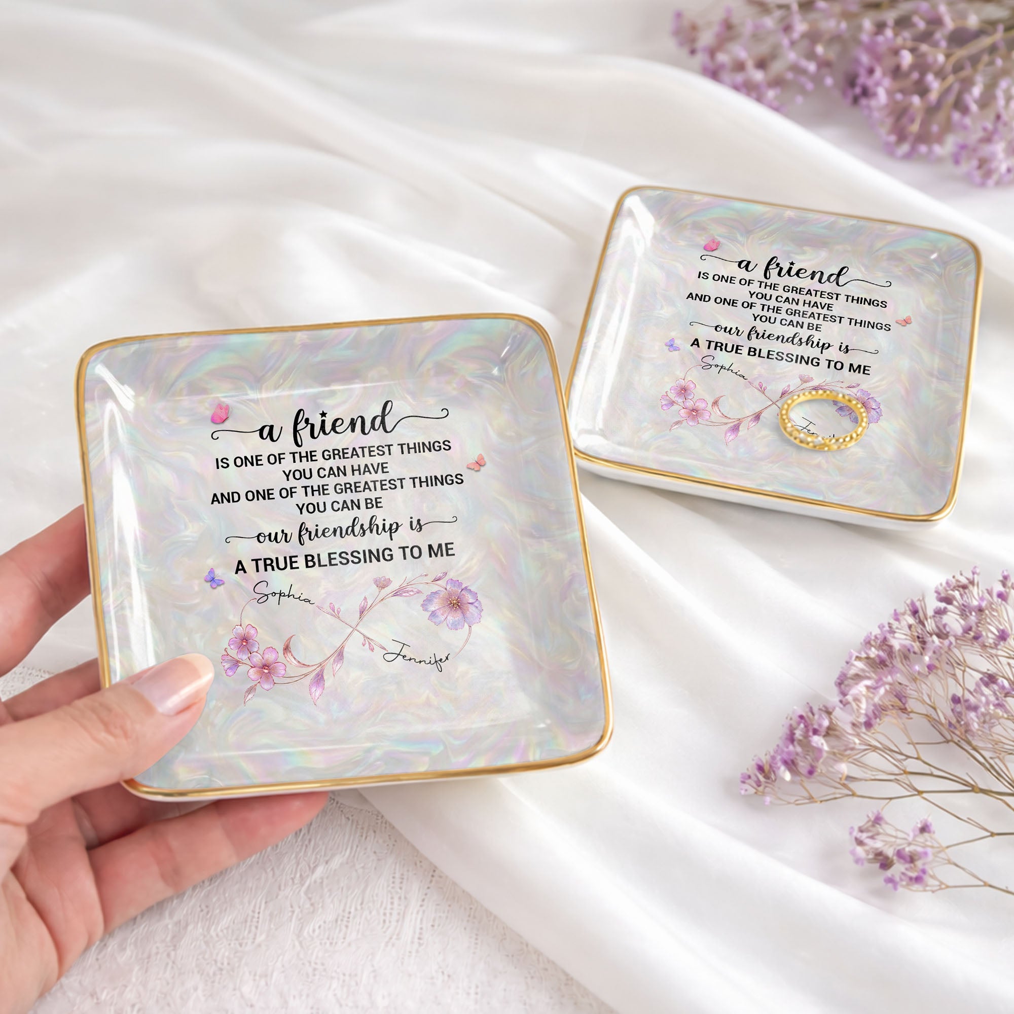 A Friend Is One Of The Greatest Things Infinity Flower - Personalized Custom Jewelry Dish, Ceramic Dish, Square Shape - BST649_SCRF