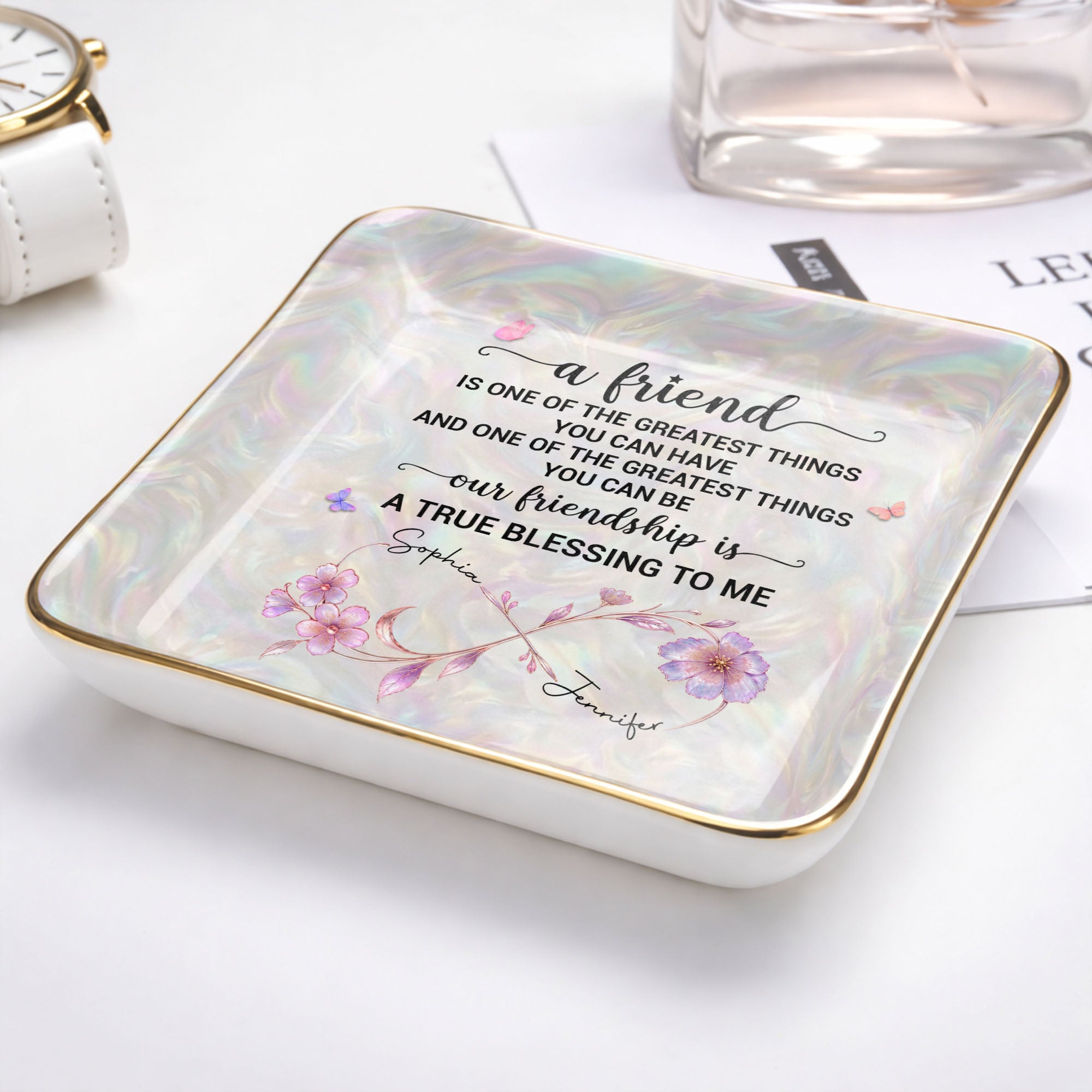 A Friend Is One Of The Greatest Things Infinity Flower - Personalized Custom Jewelry Dish, Ceramic Dish, Square Shape - BST649_SCRF