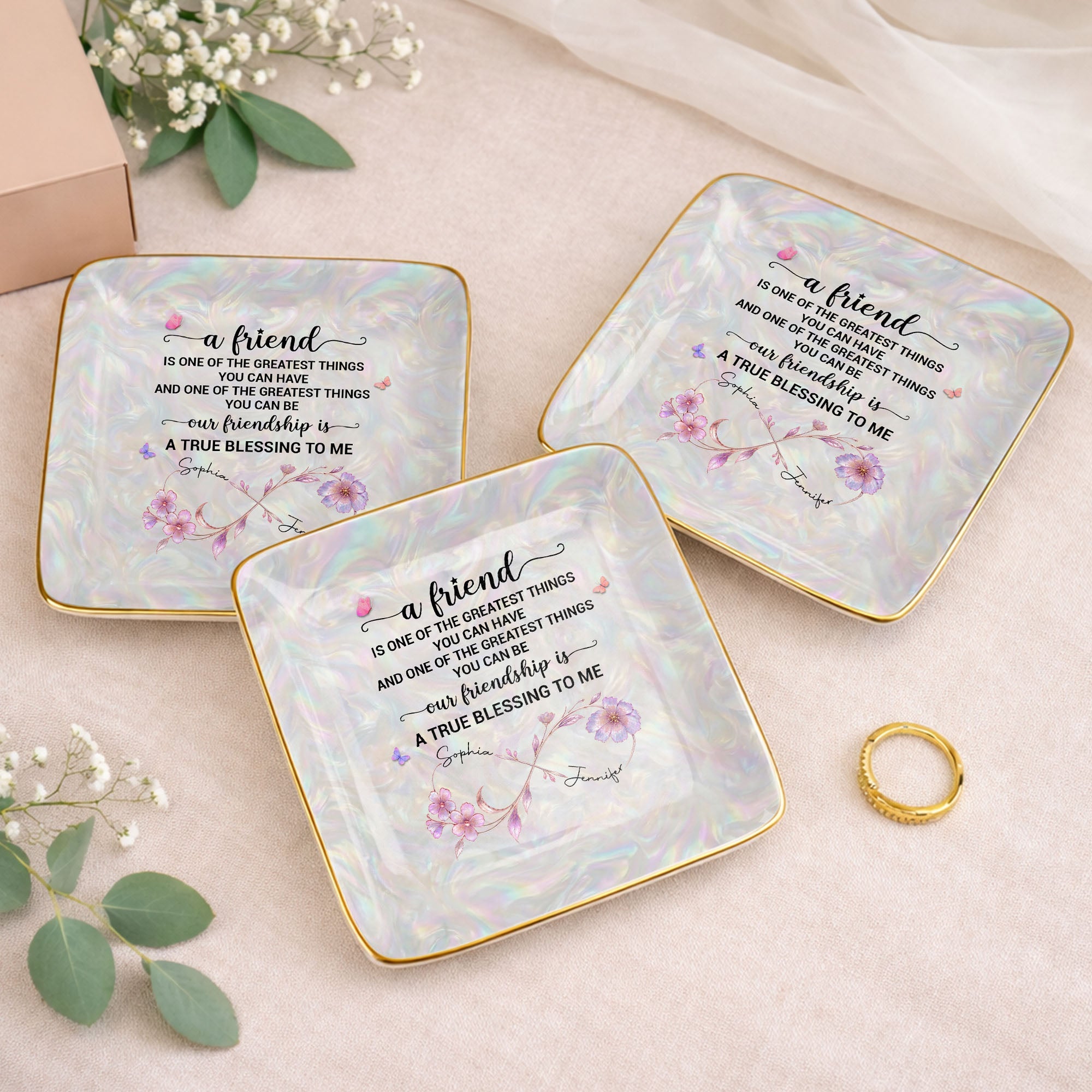 A Friend Is One Of The Greatest Things Infinity Flower - Personalized Custom Jewelry Dish, Ceramic Dish, Square Shape - BST649_SCRF
