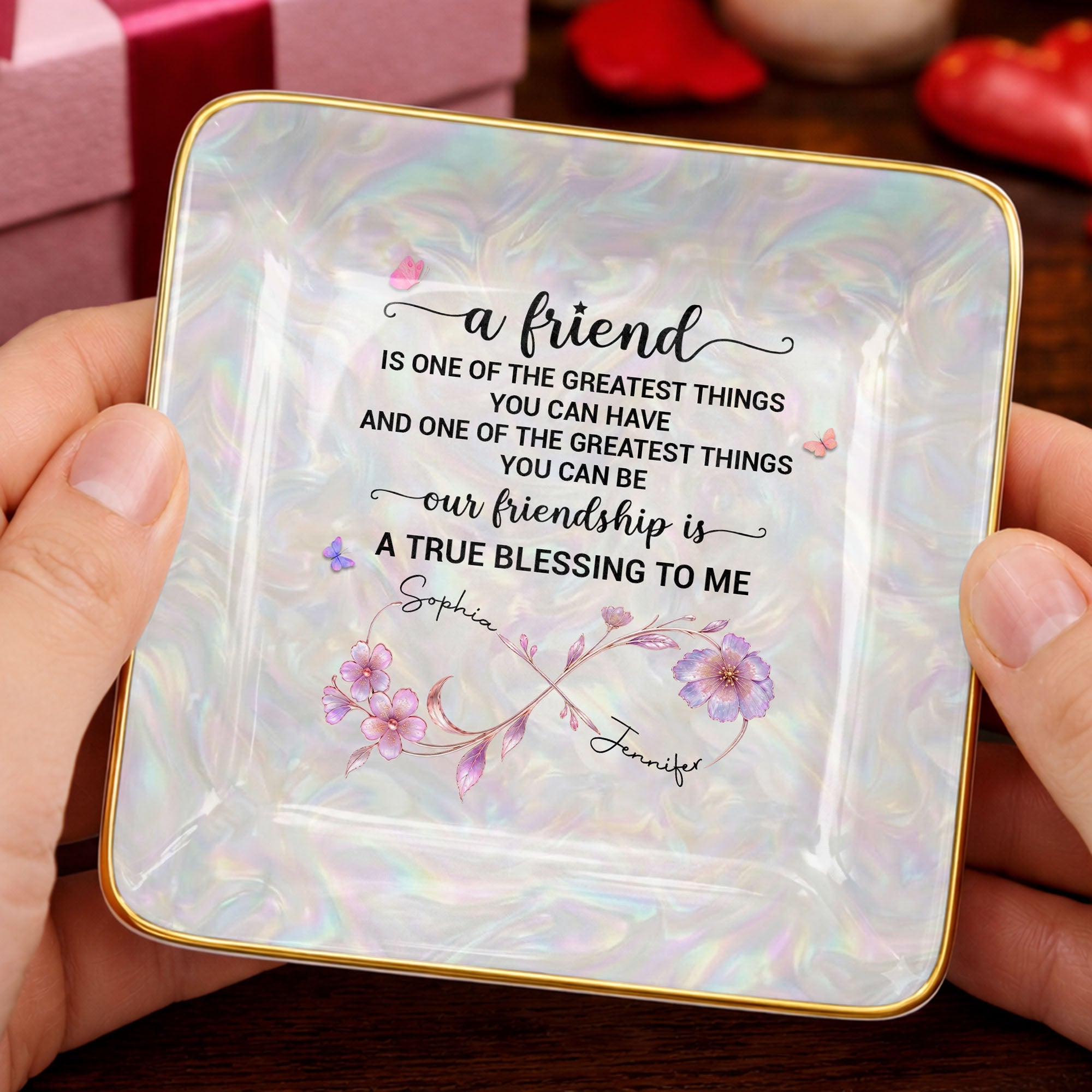 A Friend Is One Of The Greatest Things Infinity Flower - Personalized Custom Jewelry Dish, Ceramic Dish, Square Shape - BST649_SCRF