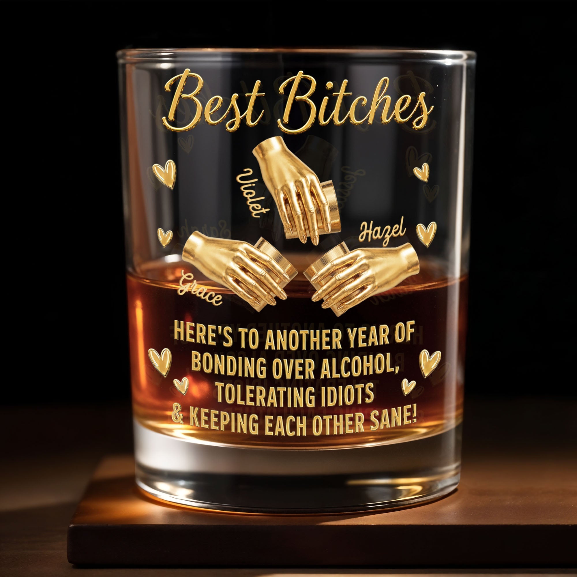 Best B*tches Bonding Over Alcohol Holding Hands And Hearts - Personalized Custom Whiskey Glass - BST659_RWG