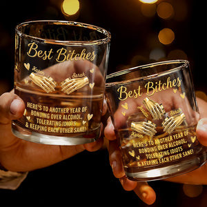 Best B*tches Bonding Over Alcohol Holding Hands And Hearts - Personalized Custom Whiskey Glass - BST659_RWG