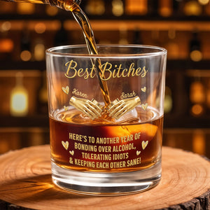 Best B*tches Bonding Over Alcohol Holding Hands And Hearts - Personalized Custom Whiskey Glass - BST659_RWG