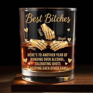 Best B*tches Bonding Over Alcohol Holding Hands And Hearts - Personalized Custom Whiskey Glass - BST659_RWG